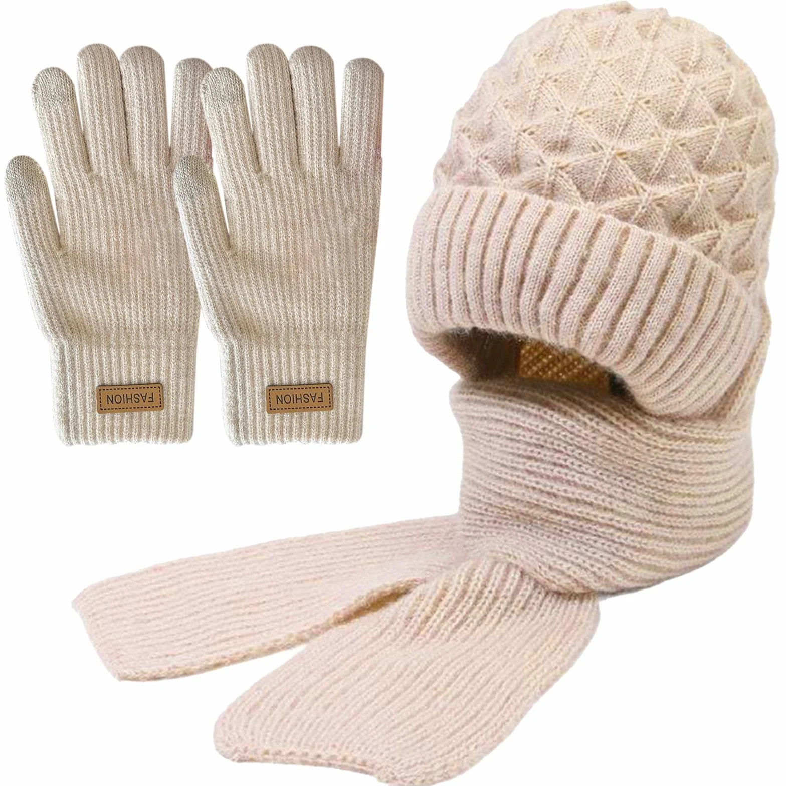 Zimowe rękawiczki damskie z czapką i szalikiem, dzianinowa czapka typu beanie pętla, elastyczna czapka z szalikiem dla kobiet, zimowa ciepła dzianinowa czapka, ciepła pluszowa podszewka