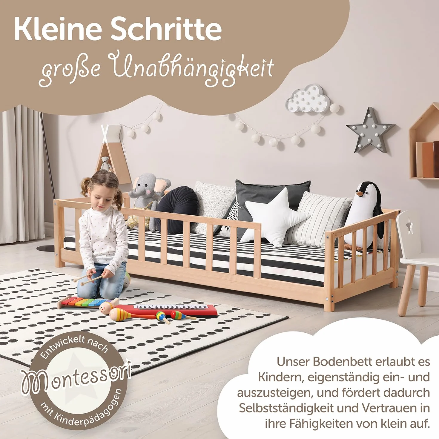 Famifidus Montessori łóżko podłogowe 90 x 200 cm, w zestawie zabezpieczenie przed wypadnięciem i stelażem | łóżko dziecięce dla chłopców i dziewczynek (naturalne, 90 x 200 cm)