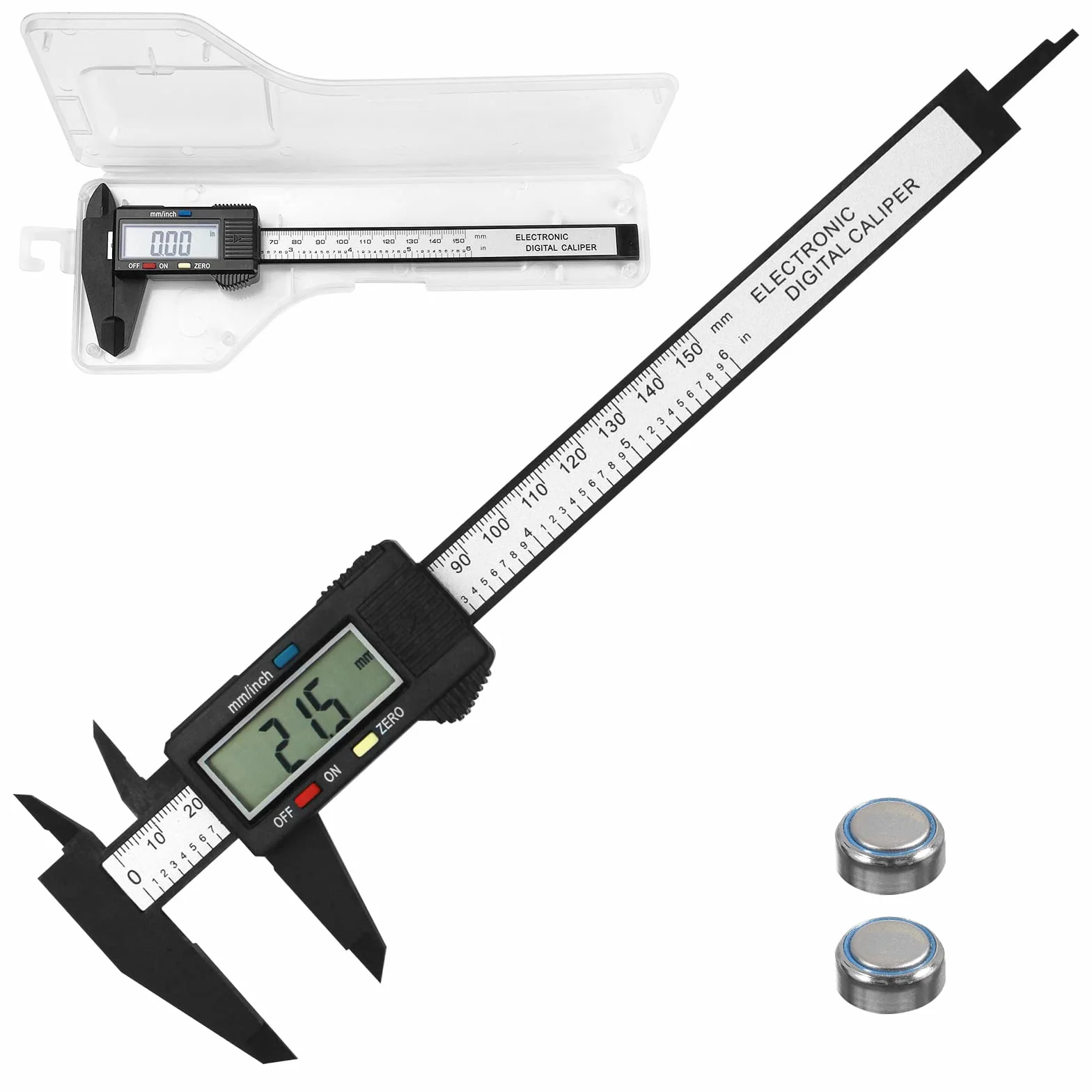 Gvolatee Suwmiarka cyfrowa, 150 mm/6", włókno węglowe, suwmiarka cyfrowa z przezroczystą baterią Lcd i zapasową, profesjonalny kalibrator do użytku na wewnątrz, zewnątrz,głębokości i pomiaru kroków