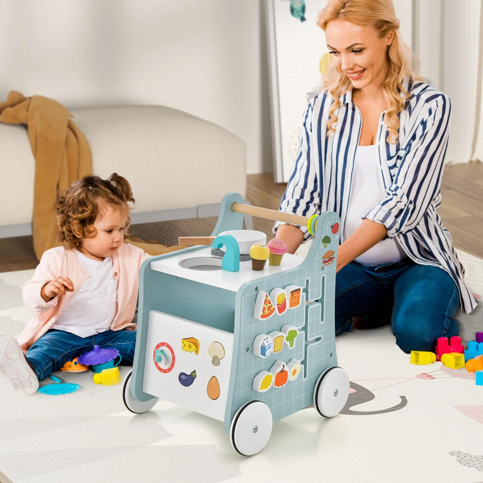 COSTWAY Drewniany wózek do nauki chodzenia 6 w 1, pomoc w nauce chodzenia z kuchnią do zabawy, zegarem do nauki, dopasowaniem kształtu i ruchomym suwakiem, kuchnia dziecięca Baby Walker z kółkami, dla