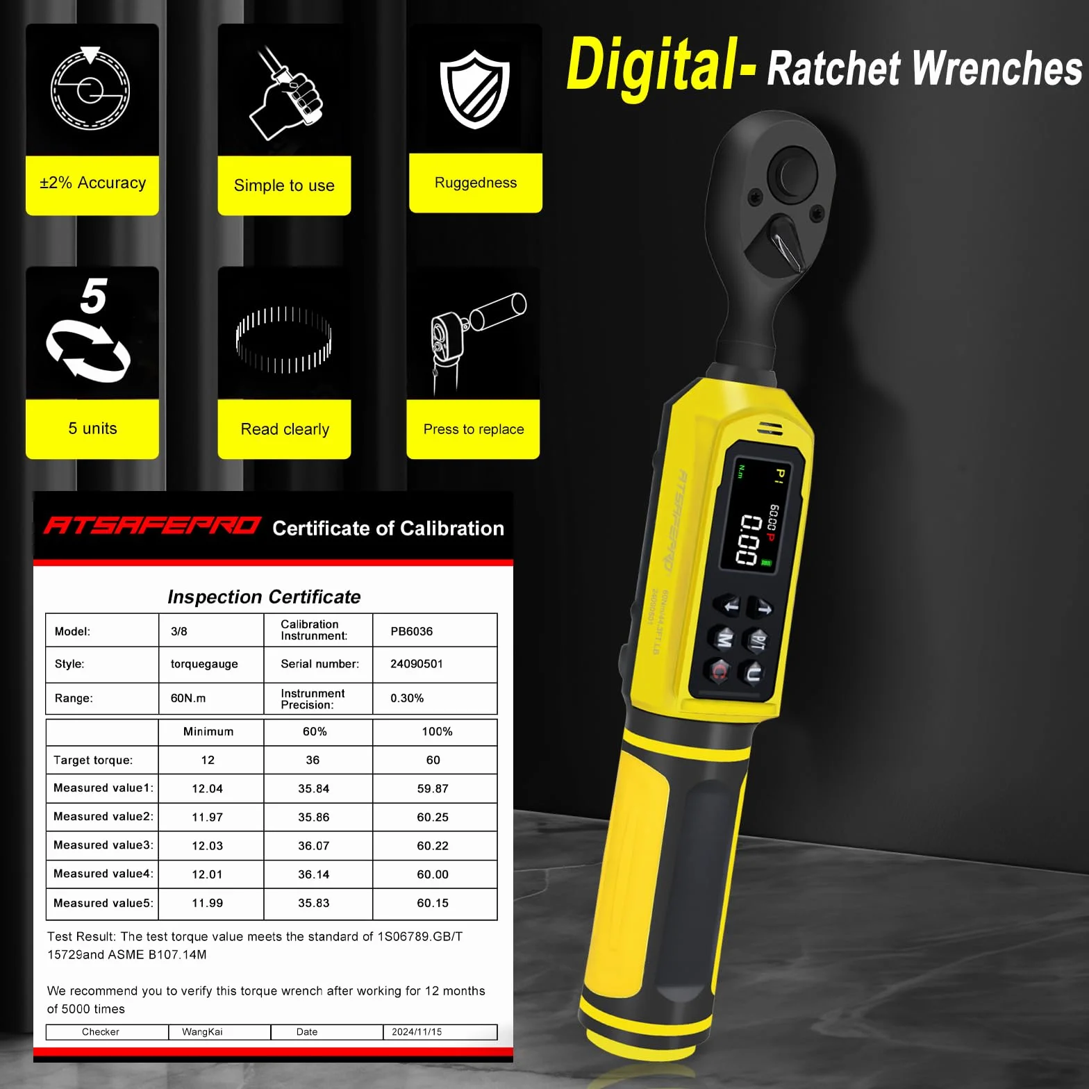 ATsafepro 3/8" Drive Cyfrowy klucz toru, Klucz toru 0,9-60 Nm, Dokładność ±2%, 5 jednostek (in-lb/ft-lb/Nm/kg-cm/kg.m), LCD z sygnalizacją dźwiękową i LED dla roweru, motocykla i samochodu