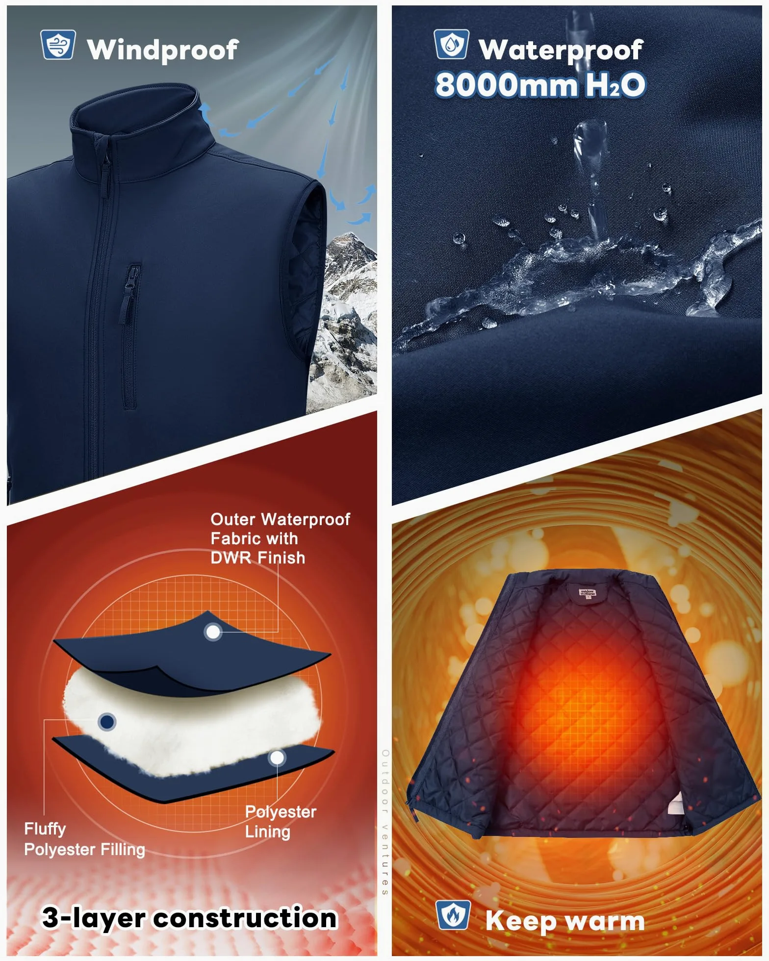 Outdoor Ventures Męska kamizelka softshell z podszewką buforową, wodoodporna, wiatroszczelna, oddychająca, bez rękawów, do jazdy na rowerze, biegania, wędrówek