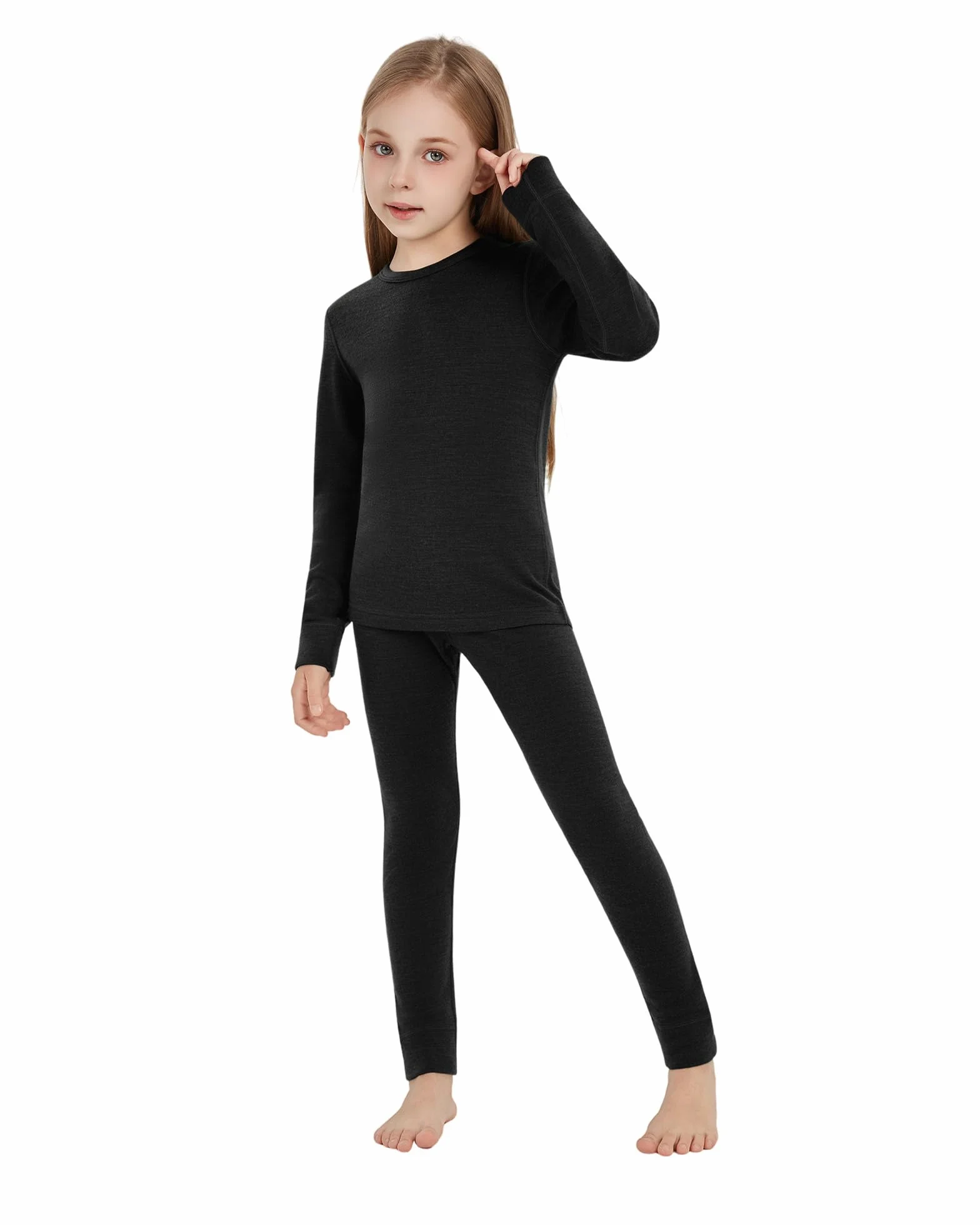 Bielizna termiczna dla dzieci, unisex, 100% wełna z merynosów, zestaw dla chłopców i dziewczynek, bielizna narciarska na zimę, ciepła i wygodna, 260 g/m², czarna 11-12