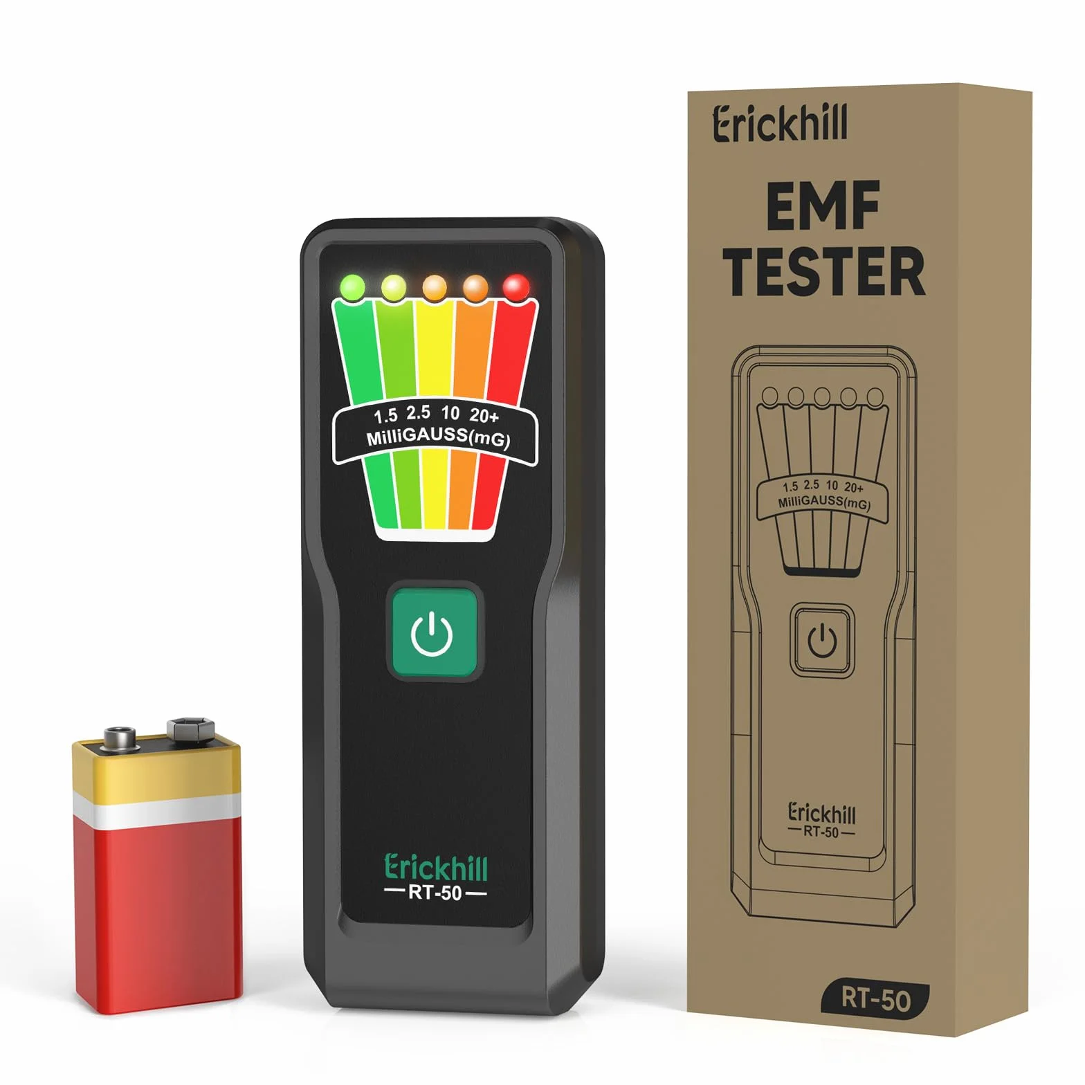 ERICKHILL Ręczny miernik EMF, sprzęt do polowania na duchy do badań paranormalnych, 5-stopniowe ostrzeżenia LED, 30Hz–20kHz detektor EMF, miernik promieniowania do domu, biura i inspekcji na zewnątrz