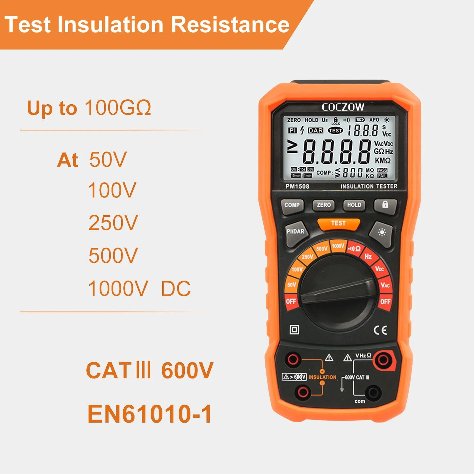PM1508 cyfrowy miernik rezystancji izolacji 1000 V AC/DC, do 100 GΩ, z testem częstotliwości i niskiego napięcia, wyświetlacz LCD