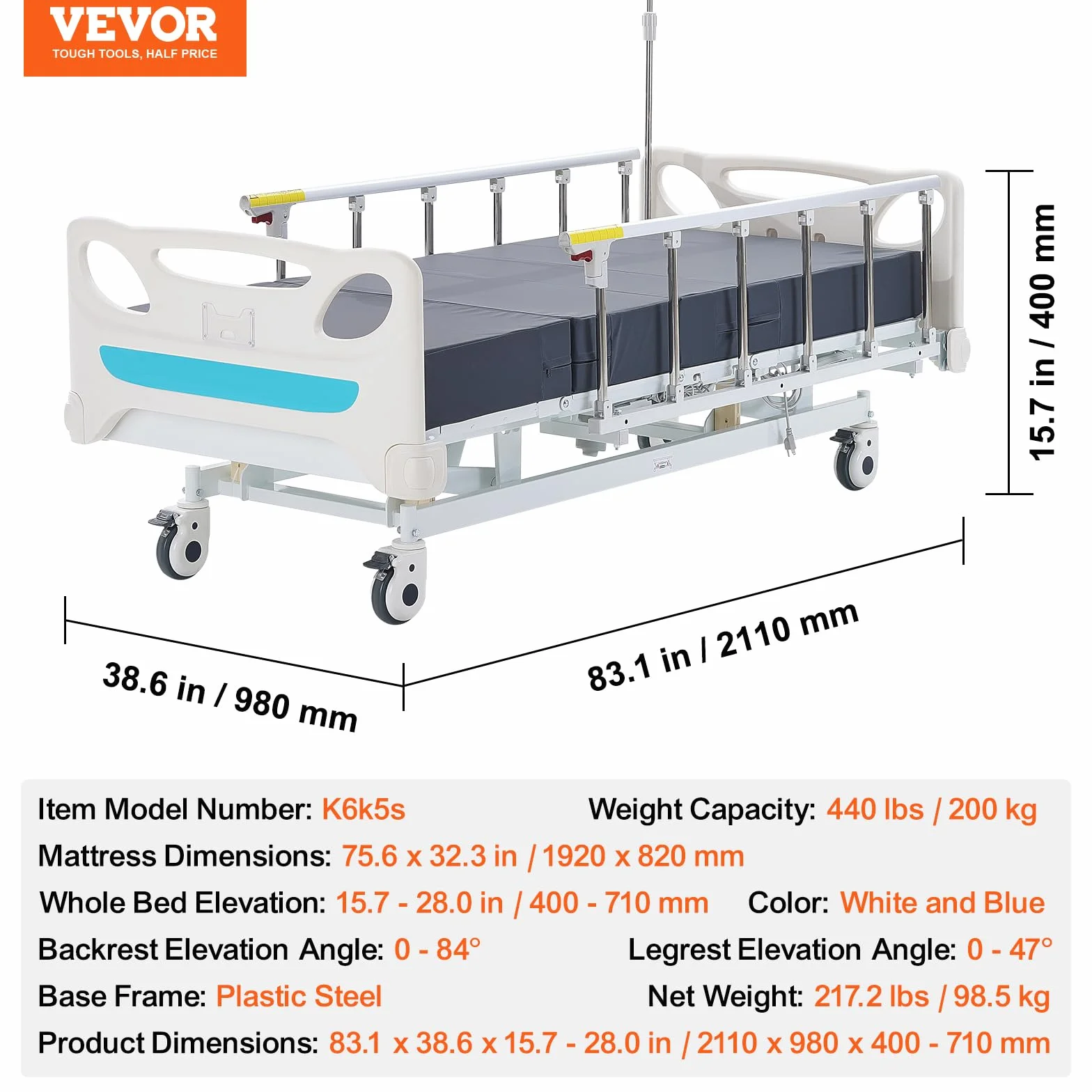 VEVOR łóżko szpitalne w pełni elektryczne, 2110 x 980 x 400-710 mm
