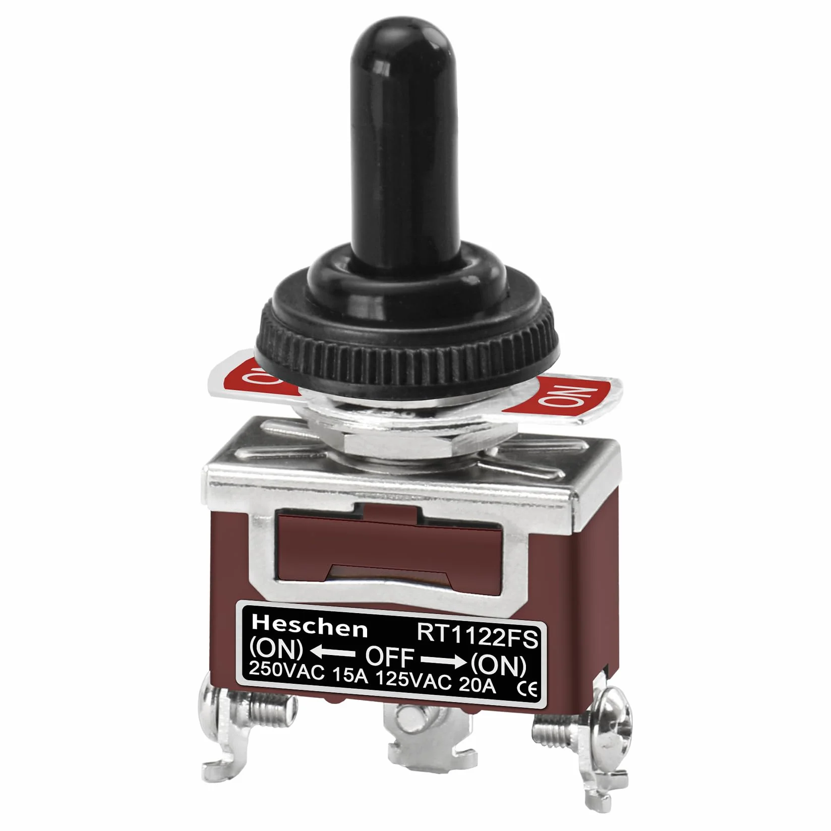 Heschen Metalowy przełącznik dźwigniowy, RT1122FS, SPDT, typ chwilowy, (ON)/OFF/(ON) 3-pozycyjny, 15 A 250 VAC, z wodoodporną nasadką, CE