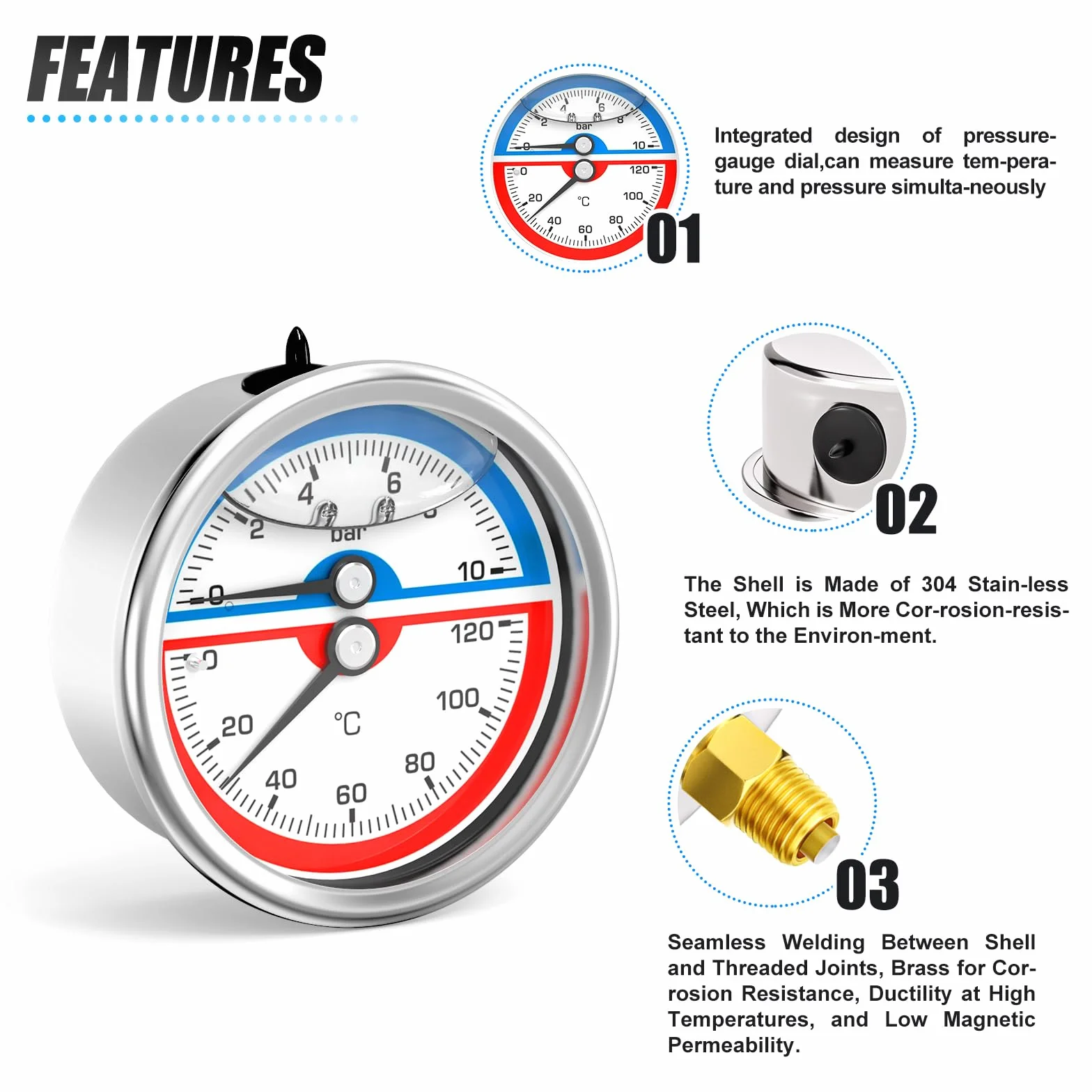 MEANLIN MEASURE 0~10 BAR/150 PSI ciśnieniomierz termiczny ze stali nierdzewnej 0~120℃ 1/4" BSP 2,5" FACE DIAL ciśnieniomierz napełniony płynem, z gniazdem sześciokątnym 1/2" BSP i gniazdem