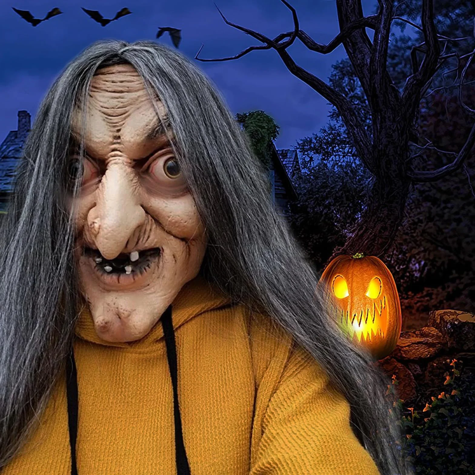 Maska czarownicy na Halloween, lateksowa, realistyczna, z długimi włosami