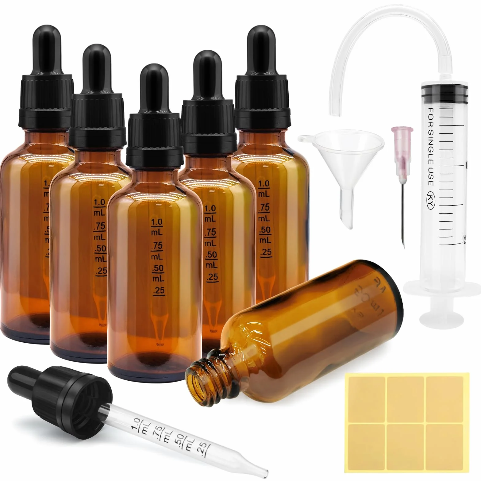 Butelka z Pipetą, 6 Szt. 50 ml, Apteczna, z Lejkiem, Naklejką i Etykietą, z Brązowego Szkła, Kroplomierz Na Olejki Eteryczne, Perfumowane, Aromaterapię