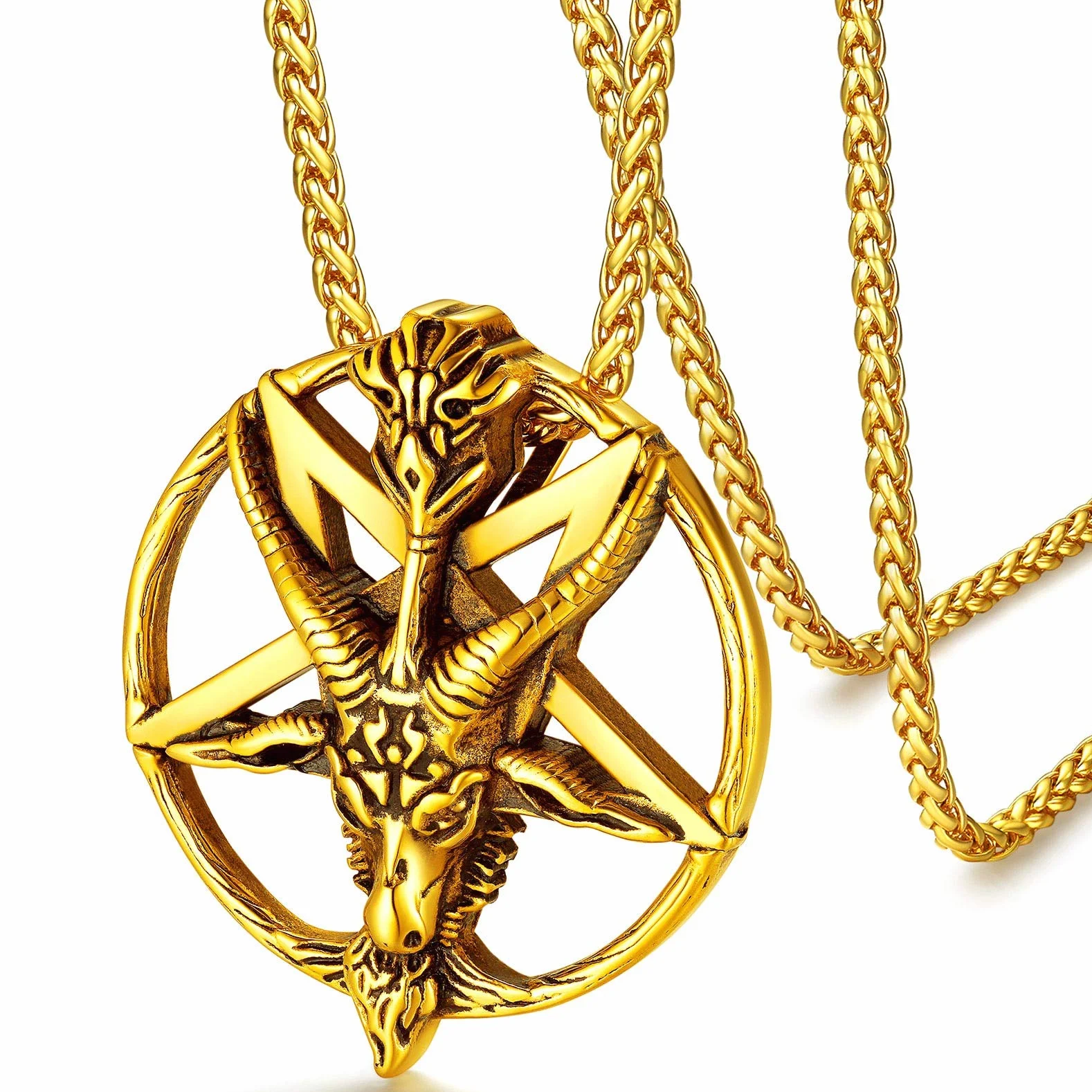 FaithHeart Męski wisiorek w stylu punkowym, szatan, głowa kozy, wisiorek w kształcie pentagramu, z symbolem runy, punk, gotyk, na Boże Narodzenie, Dzień Ojca, Walentynki