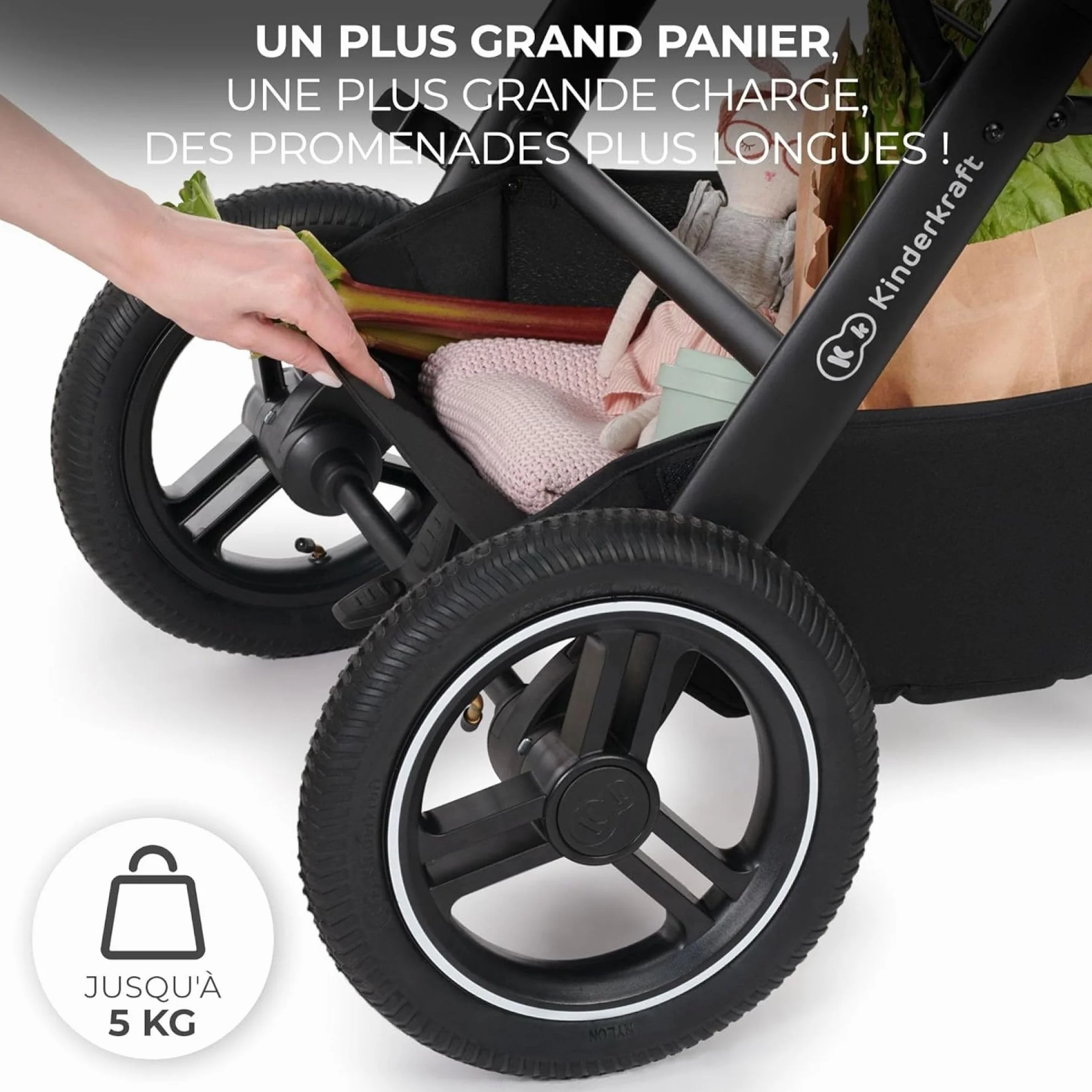 Kinderkraft B-TOUR Wózek dziecięcy Trio Niemowlęta 3 w 1 22 kg, System modułowy, z Ovetto I-size 40-75 cm, Składany, Siedzenie XL, Wodoodporny filtr UPF50+, Pozycja Banna, Szary
