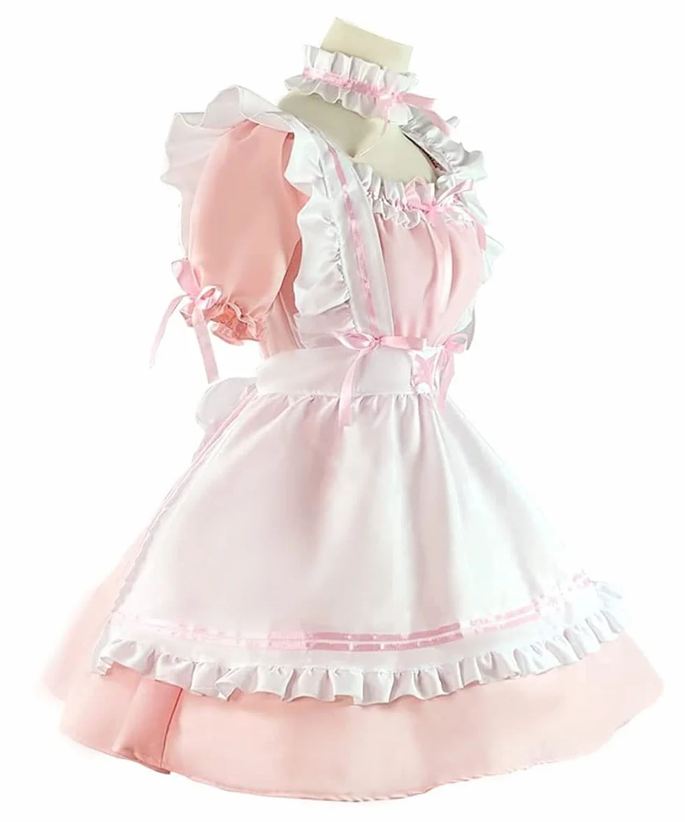 Anime French Maid Dress śliczna sukienka pokojówki Cosplay sukienka na Halloween, kostium pokojówki, zestaw, różowa, rozmiar L