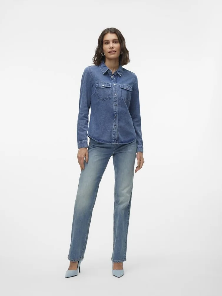 VERO MODA Vmjennie Ls Denim Shirt Mix Noos koszula dżinsowa, niebieski (medium blue denim), L