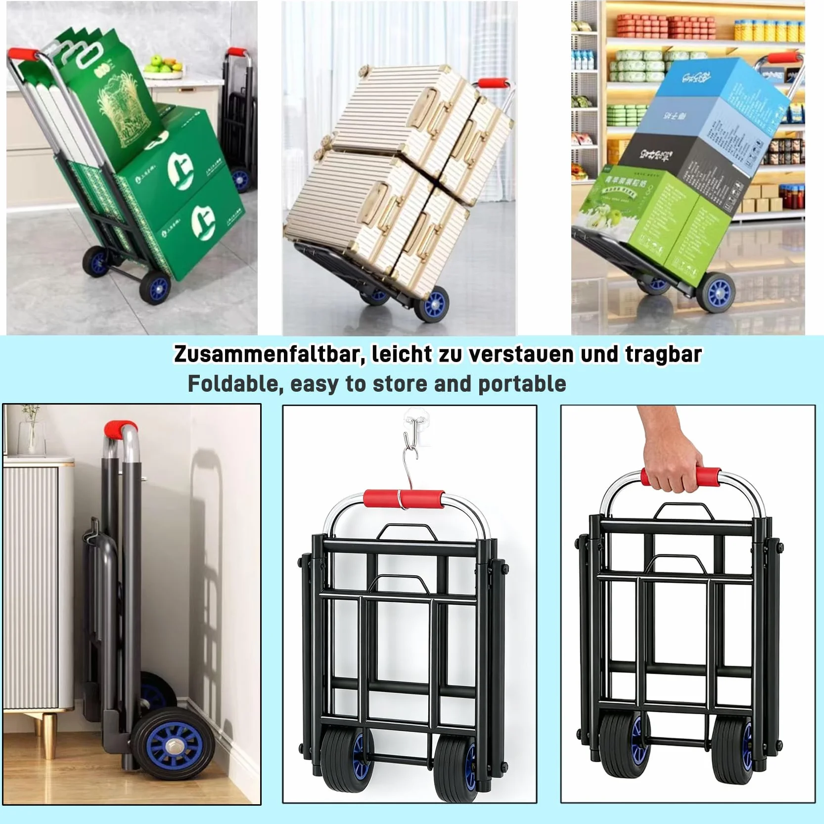 Składany wózek transportowy z nierdzewnej stali & z regulacją wysokości (69-103 cm) – wózek transportowy o udźwigu 80 kg i 10 cm cichych gumowych kół, stabilny i oszczędny pod względem przestrzeni dla