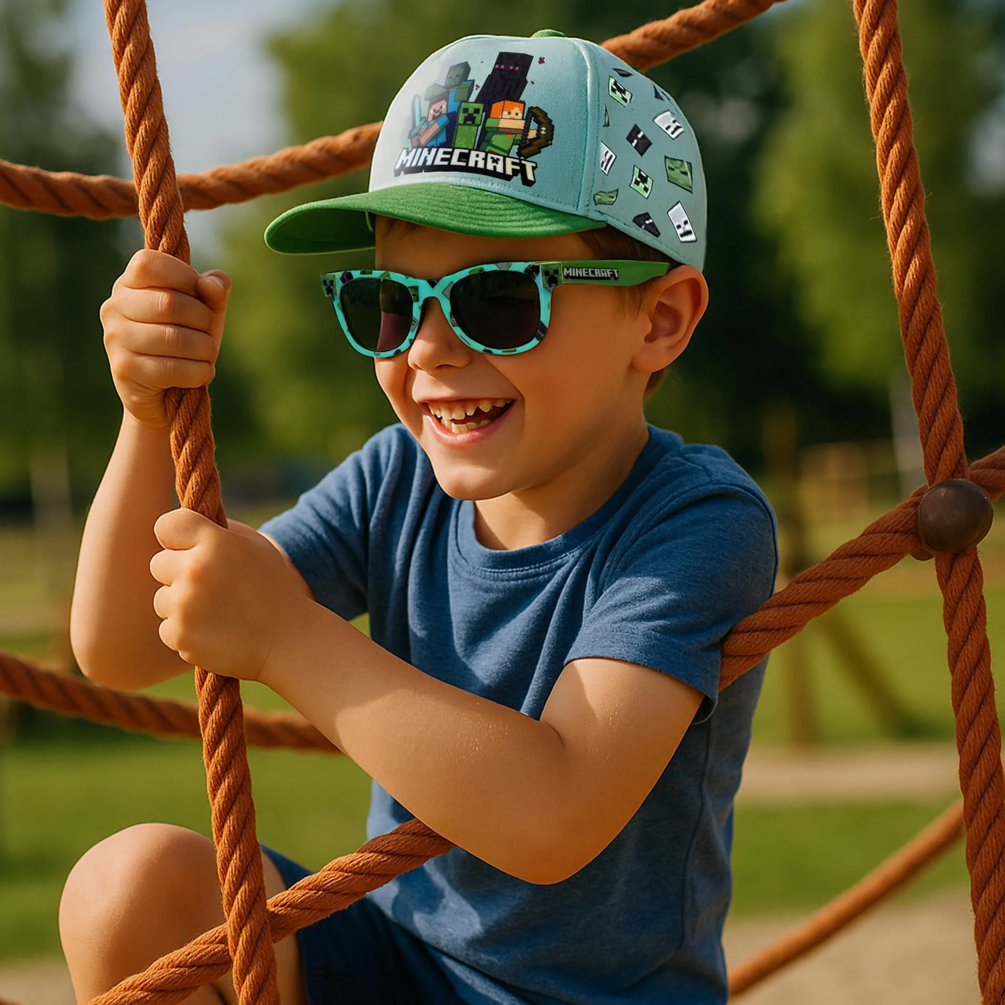 Toys & Gamers Czapka Minecraft i bezpłatny zestaw okularów przeciwsłonecznych, jasnoniebieski i zielony, akcesoria postaci dla dzieci