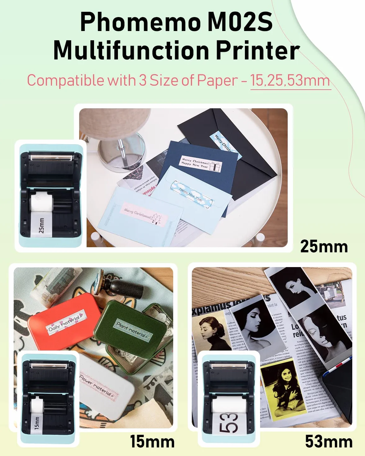 Phomemo M02S Mini drukarka termiczna 300 DPI z 6 rolkami etykiet, kompatybilna z papierem 15, 25, 53 mm, idealna do nauki, scrapbookingu, zdjęć, prezentów (zielona)