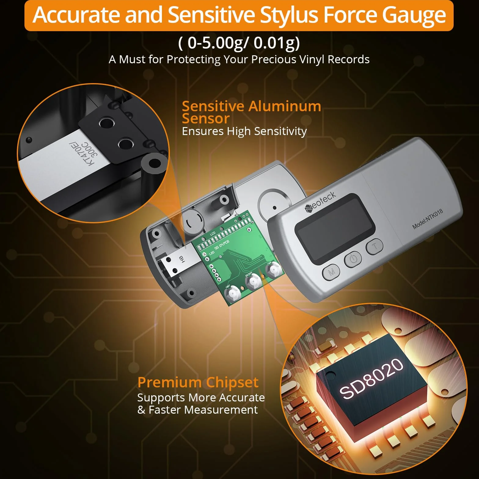 Neoteck Cyfrowa skala ramienia gramofonowego Tester siły nacisku ramienia gramofonowego Tester siły nacisku ramienia gramofonowego 0.01g Niebieskie podświetlenie LCD dla ramienia gramofonowego - srebr