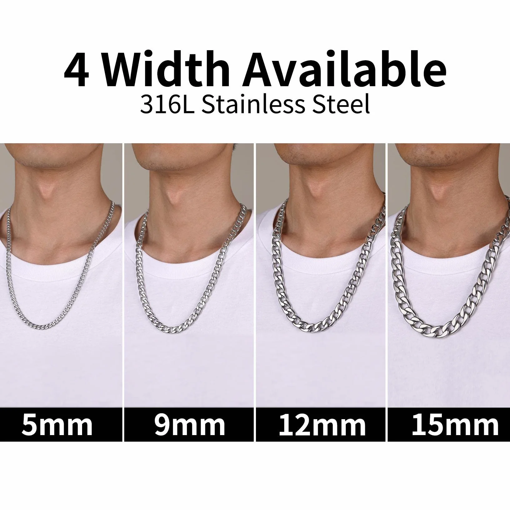 ChainsHouse Męski kubański łańcuszek ze stali nierdzewnej trwały 5/9/12/15 mm szerokości, 36-76 cm długości, srebrny/złoty/czarny łańcuszek, idealna biżuteria prezent