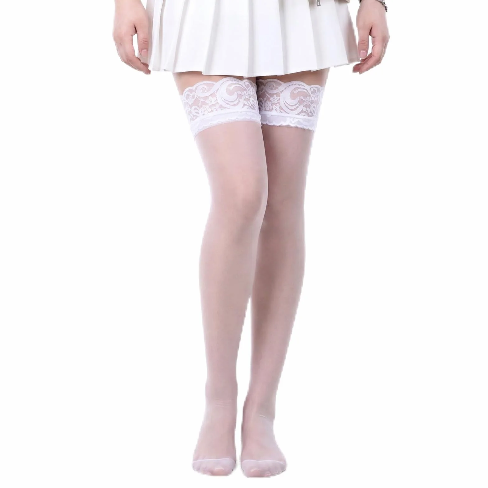 Larrel Białe pończochy, samonośne pończochy, białe, samonośne pończochy dla kobiet, eleganckie pończochy, białe, koronkowe, wąskie, wygodne, wysokie, jedwabne pończochy do sukienek, spódnic, na co