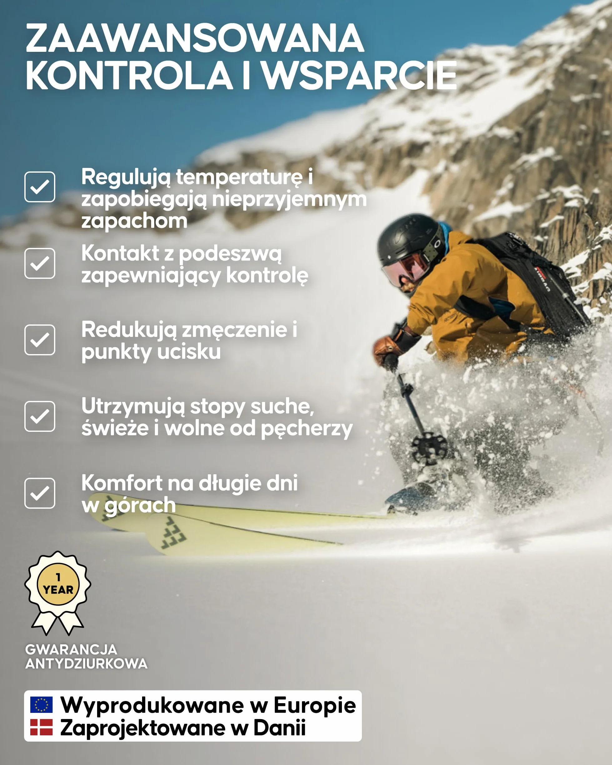 DANISH ENDURANCE Skarpety Narciarskie Merino, Lekkie, Precyzyjnie Dopasowane, z Niską Amortyzacją, Bezpośredni Kontakt z Butem i Kontrola nad Nartami