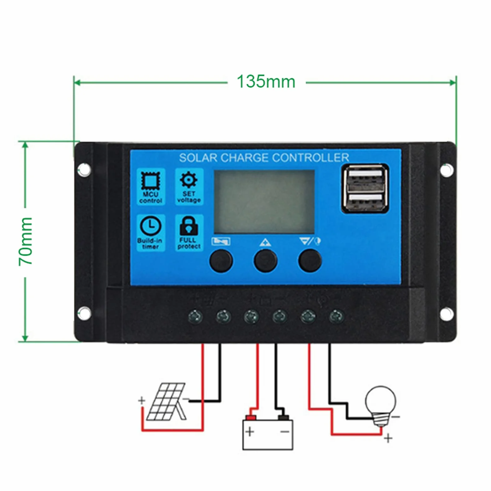 Regulator ładowania słonecznego, PWM 12 V 24 V, automatyczny regulator ładowania solarnego, regulator baterii panelu słonecznego, podwójny wyświetlacz LCD USB (40 A)