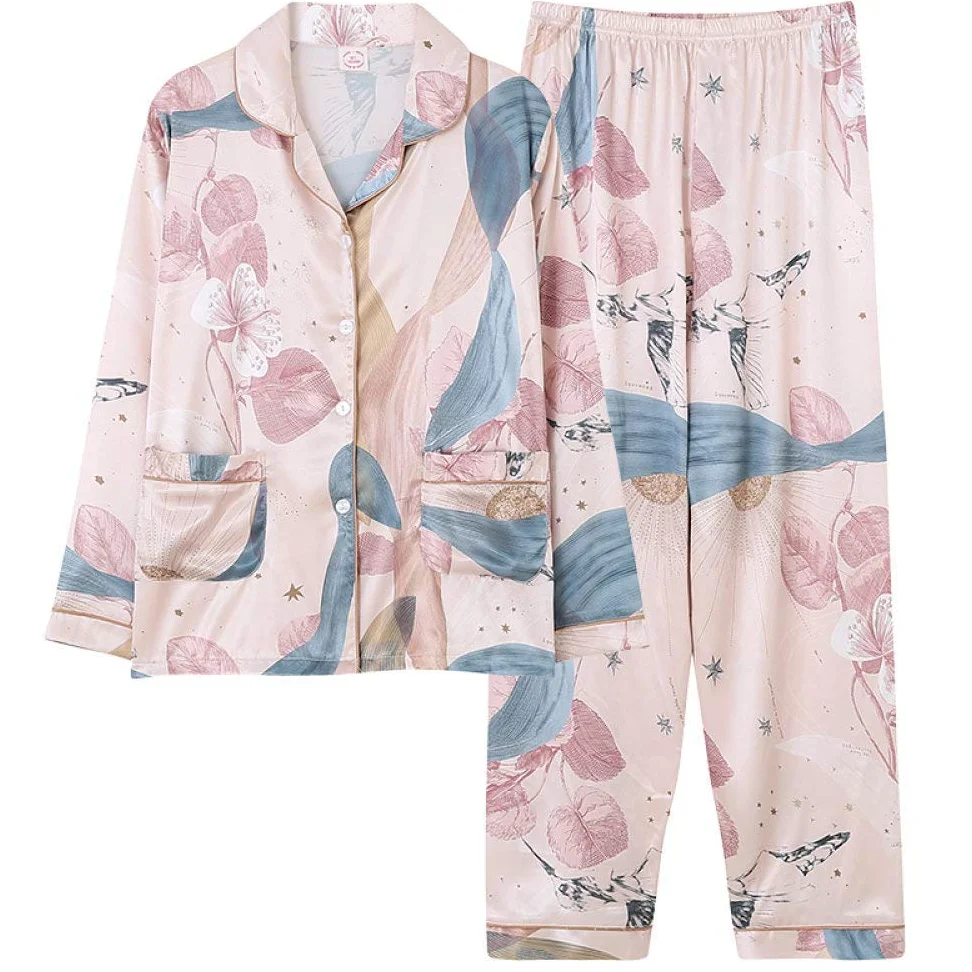 Zestaw piżam satynowych dla kobiet, zestaw nocny z satyny jedwabnej dla kobiet, koszula z długim rękawem zapinana na guziki i spodnie z kieszeniami, damska jesienna moda,Pink-XXL