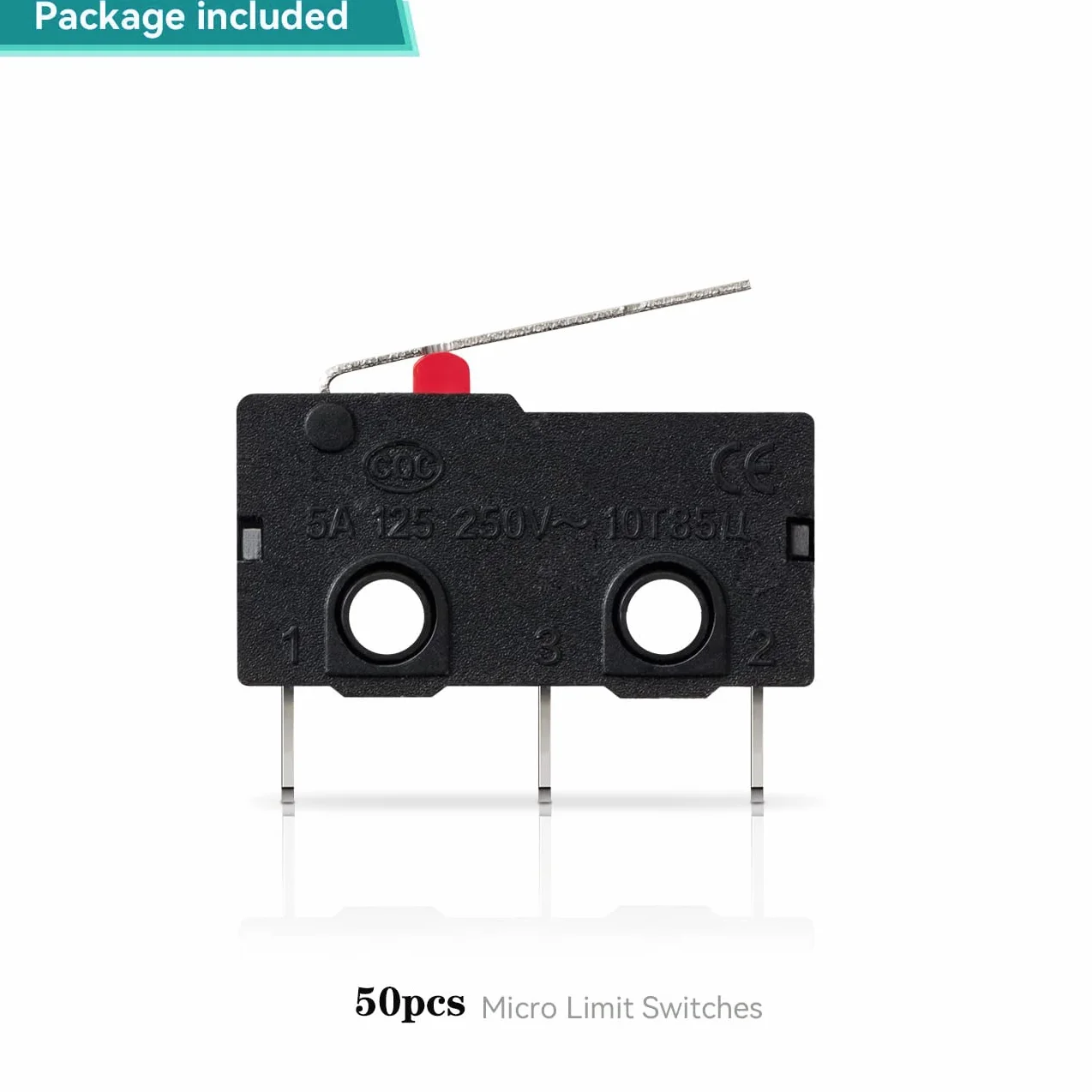 Zestaw 50 mikroprzełączników krańcowych SPDT 1NO 1NC Long Straight Hinge Lever Momentary Limit Switch, AC 250 V 5 A Micro Switches 3 piny (prosty uchwyt 16 mm)