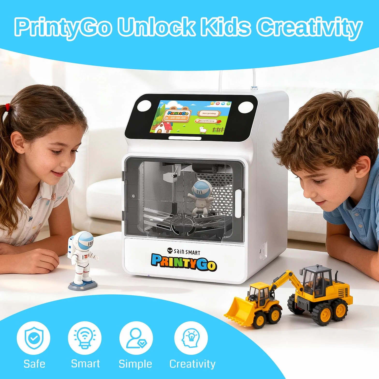 Drukarka 3D PrintyGo Mini dla dzieci, drukarka z automatycznym poziomowaniem 600 mm/s dla początkujących, bezpieczna dla dzieci konstrukcja, sterowanie przez Wi-Fi/aplikację, prezent do nauki STEM