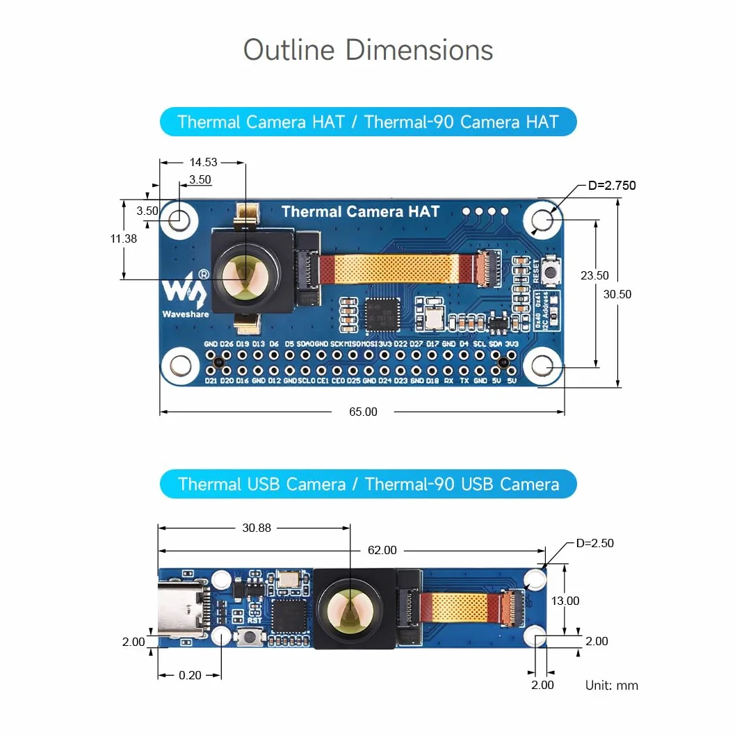 Waveshare Long-Wave IR Thermal Imaging Camera Module, 80×62 Pixels, 45°FOV, Available with 40PIN GPIO Header