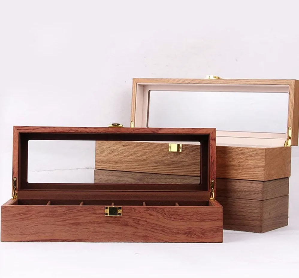 Pudełko na Zegarki Szkatułka na Zegarki Drewniane Pudełko Na Zegarek Case Organizer Uchwyt Na Zegarek Do Zegarków Mężczyźni Organizer Na Biżuterię Box 6 Slotów Drewniane Pudełko Z Przezroczystym Szkłe