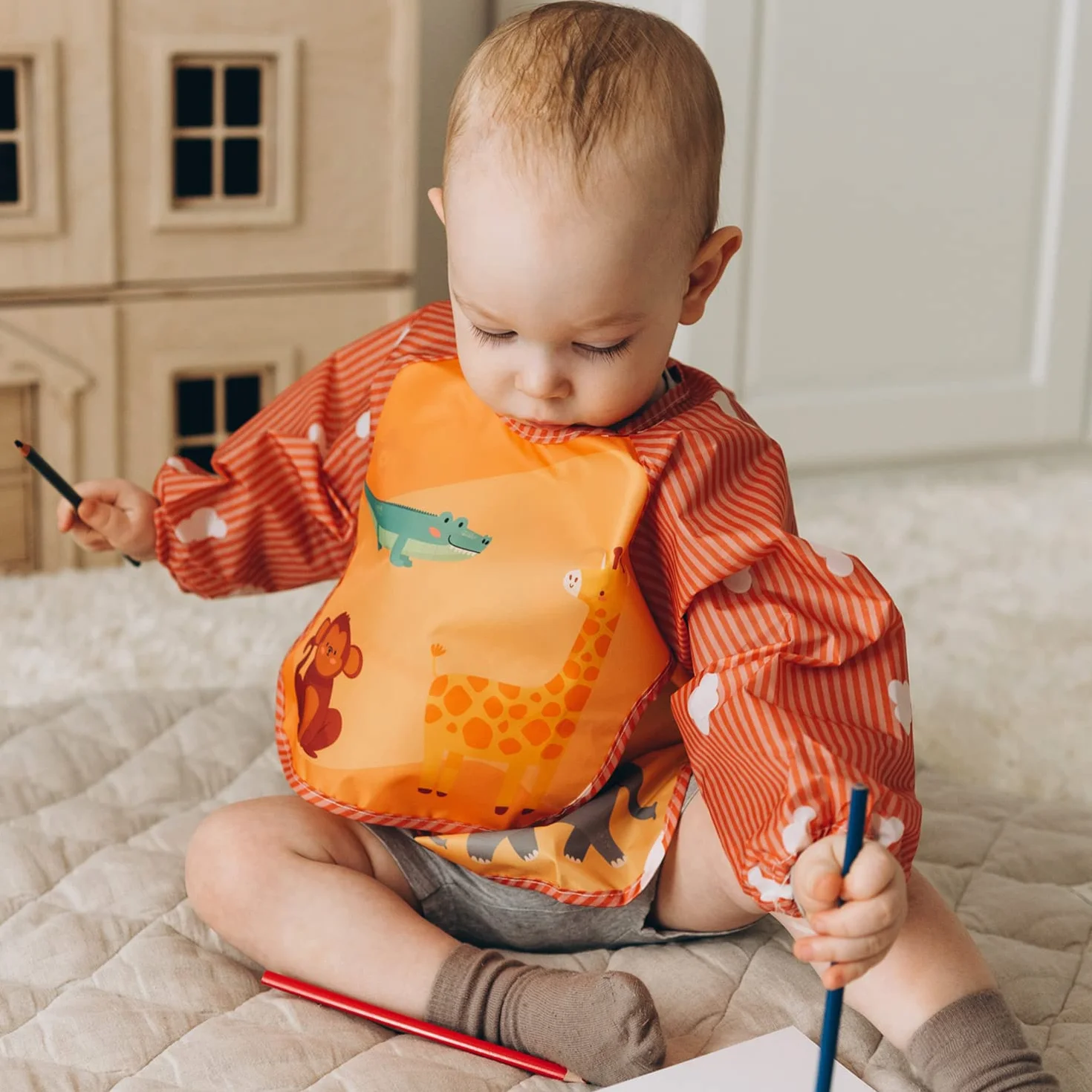 Uplife Zestaw 3 śliniaków dla niemowląt z długim rękawem, wodoodporny, śliniaczek do karmienia posiłków, zestaw do malowania dla dziewczynek, chłopców, od 6 miesięcy do 3 lat (ocean - las - sawanna),