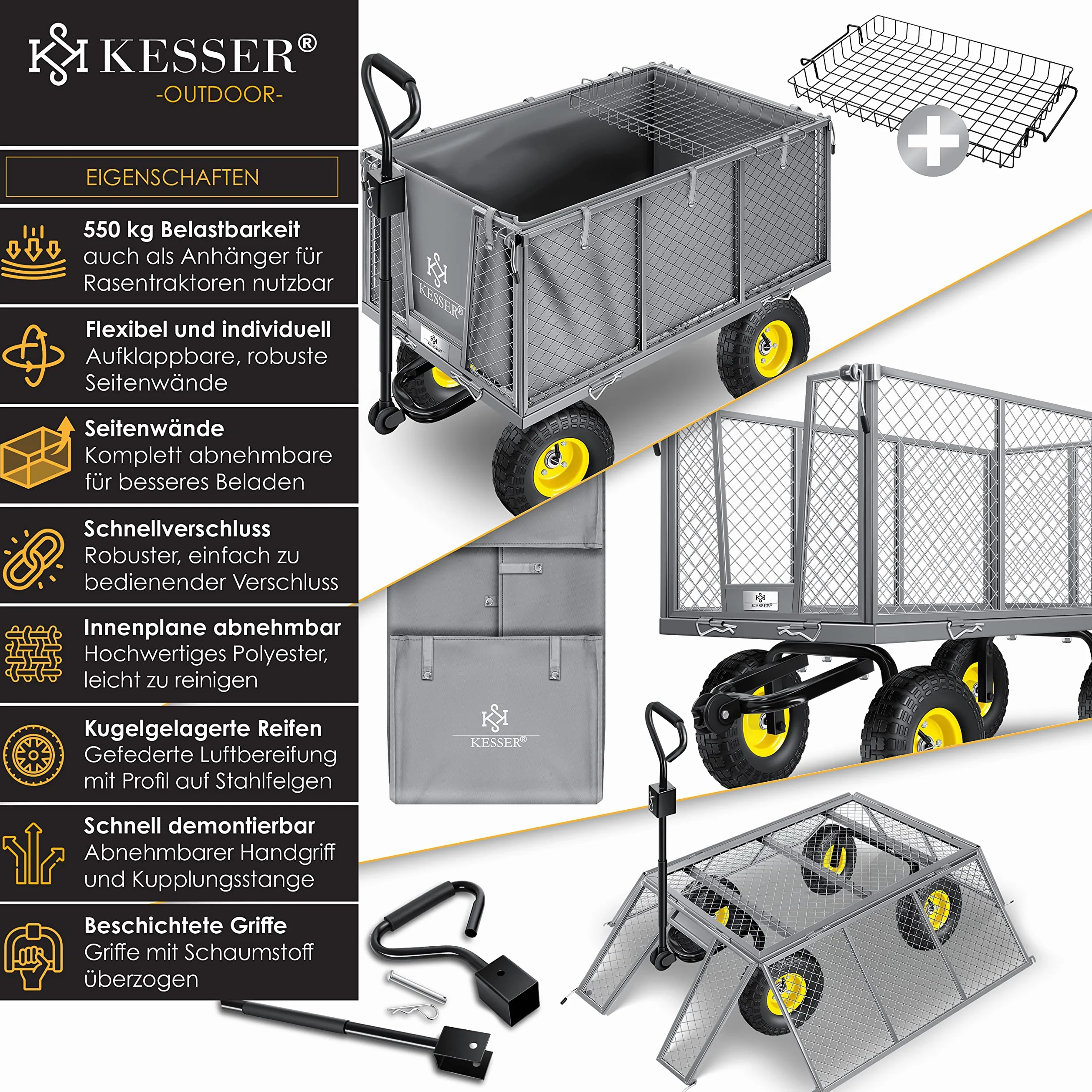 KESSER Wózek ogrodowy, udźwig 550 kg, wózek transportowy, wózek ogrodowy, wyjmowana plandeka, wózek na narzędzia, wózek ręczny, wszechstronne zastosowanie, w zestawie rękawice szare