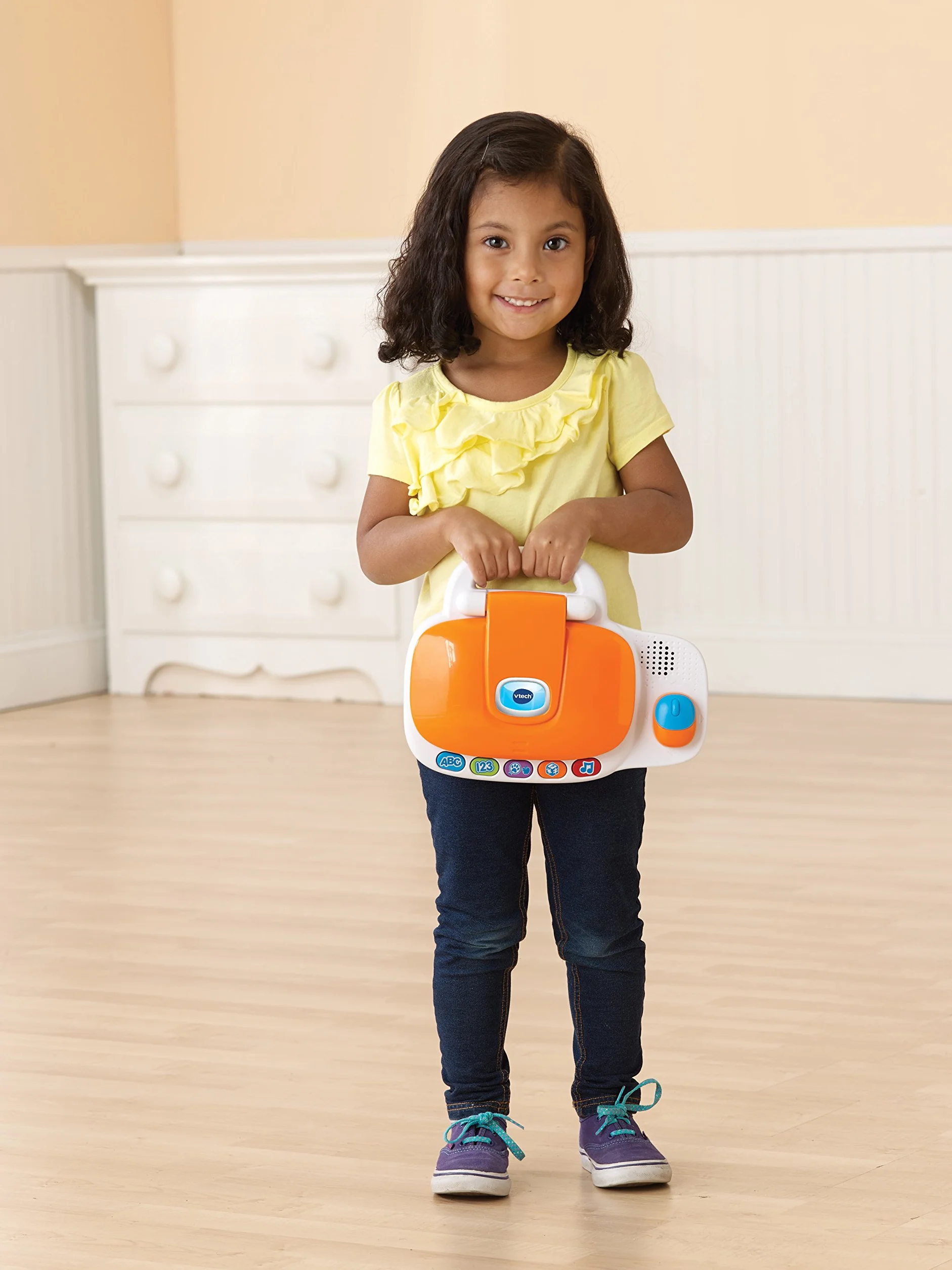 VTech 155403 Przedszkole laptop interaktywny edukacyjna zabawka komputerowa dla dzieci z 30 aktywnościami odpowiednia dla dzieci 3, 4, 5+ lat chłopców i dziewcząt, biały/pomarańczowy