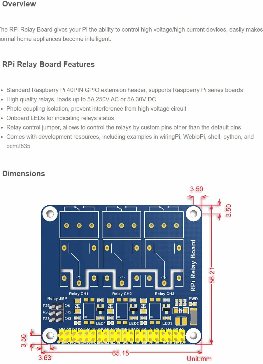 Waveshare RPi Relay Board, with 3-way Relay Control, with Pi 40PIN GPIO Extension Header, Compatible with Raspberry Pi Series Boards, Used for Pi to Control High Voltage/Current Devices