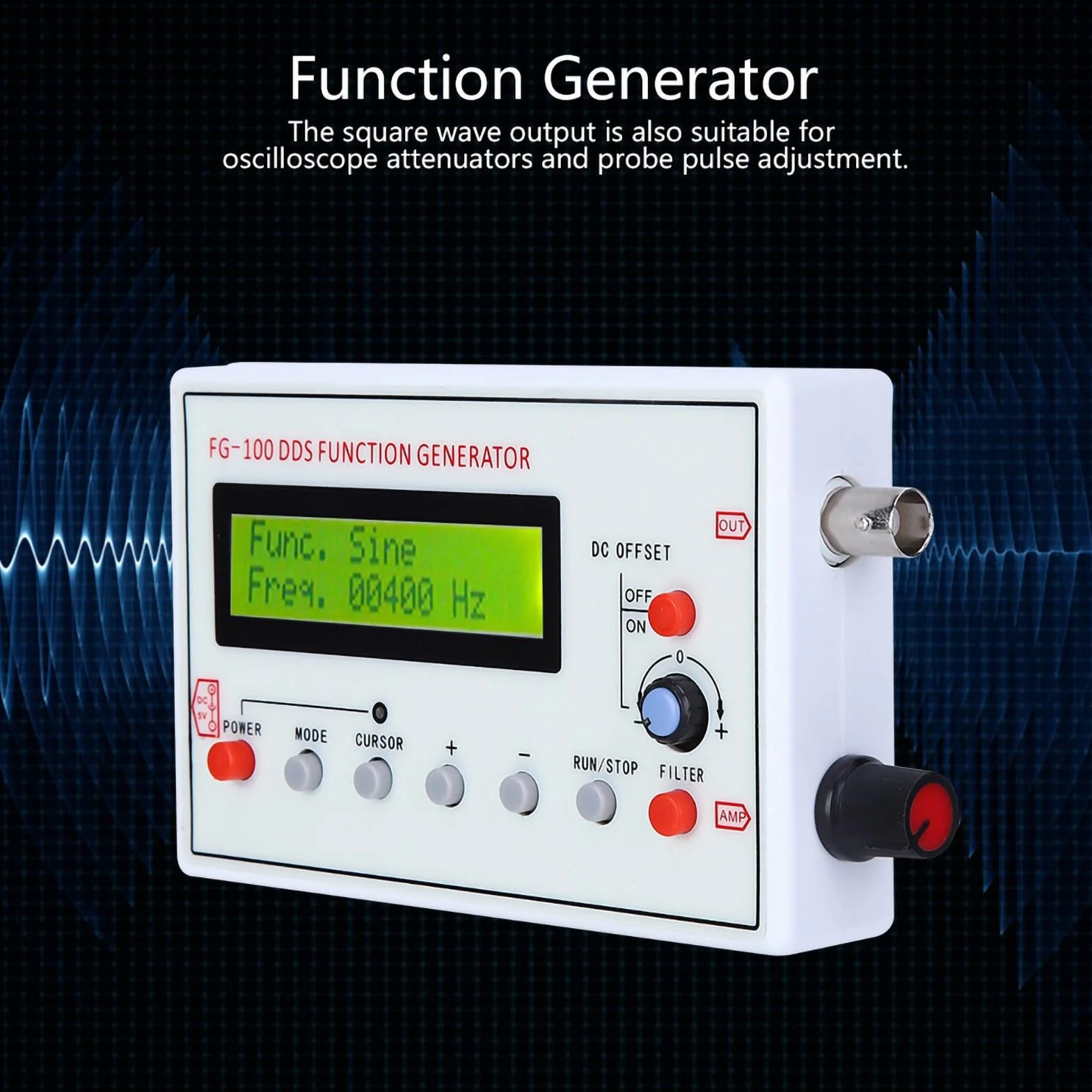 Generator Funkcji DDS, Sinusoida o Wysokiej Precyzji z Filtrem, 1 Hz–500 KHz, Licznik źródła Sygnału z Adapterem DC 5 V, do Kalibracji Oscyloskopu