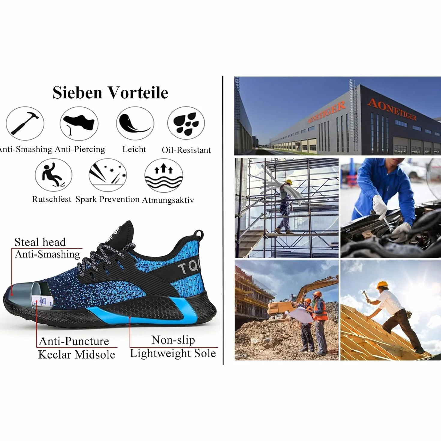 AONETIGER Buty ochronne dla mężczyzn i kobiet, lekkie buty robocze, stalowy nosek, sportowe, oddychające, antypoślizgowe, 8195 niebieski, 42 EU