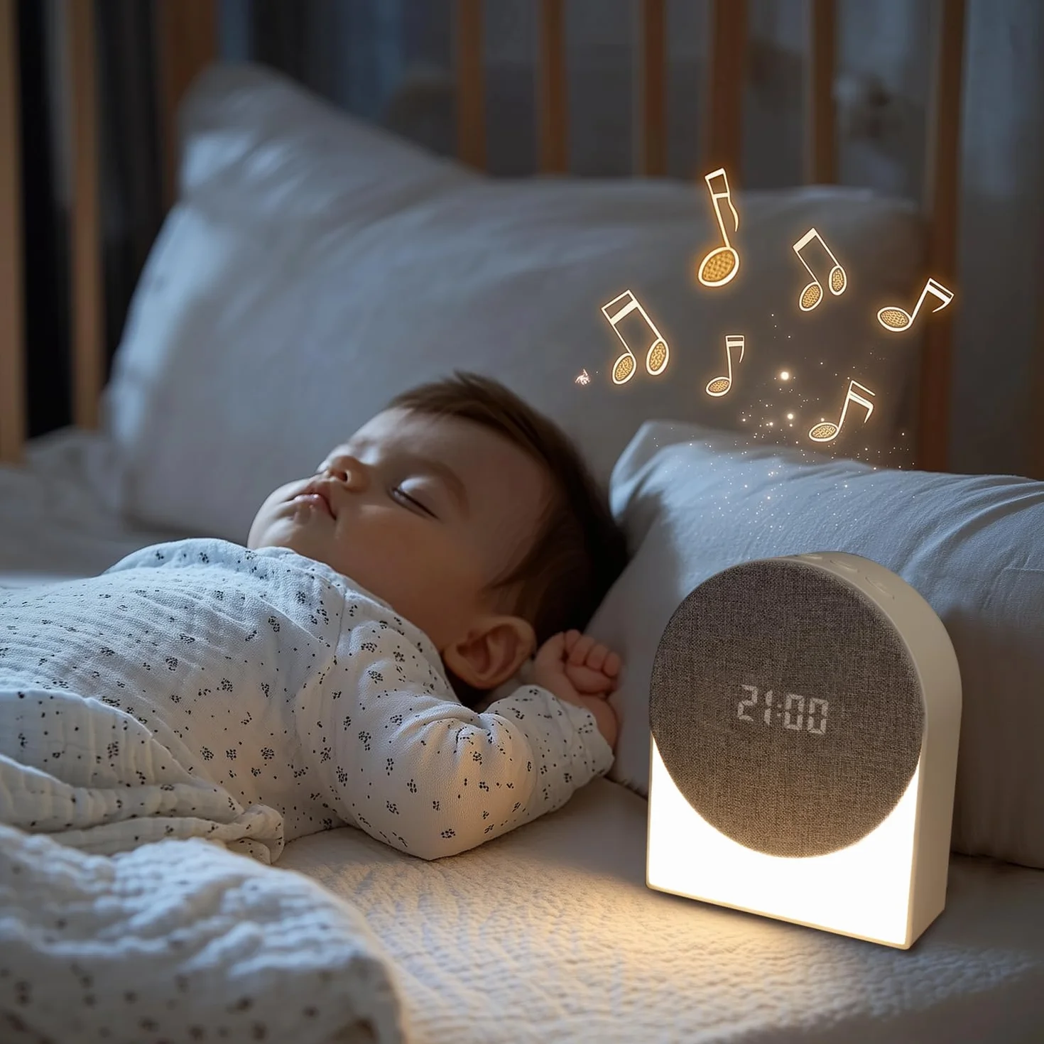 Biały szum z 6 muzykami, pomoc w zasypianiu, cyfrowy budzik i lampka nocna, ładowanie przez USB, pomoc w zasypianiu dla dzieci, uczniów, pracowników biurowych
