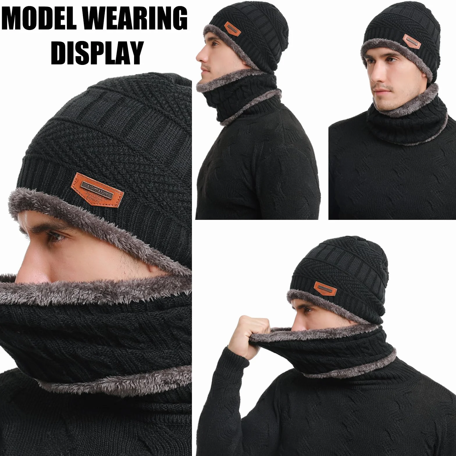 Czapka zimowa szalik rękawiczki 3 w 1 zestaw, dzianinowa czapka beanie, okrągły szalik, antypoślizgowa rękawica do ekranu dotykowego