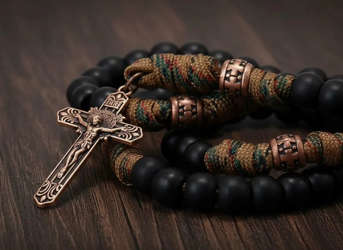 Sklep Nazareth Antique Bronze St Benedict Paracord Różaniec Czarne matowe koraliki Czerwony Biały Wytrzymały Różaniec Mocny sznurkowy naszyjnik