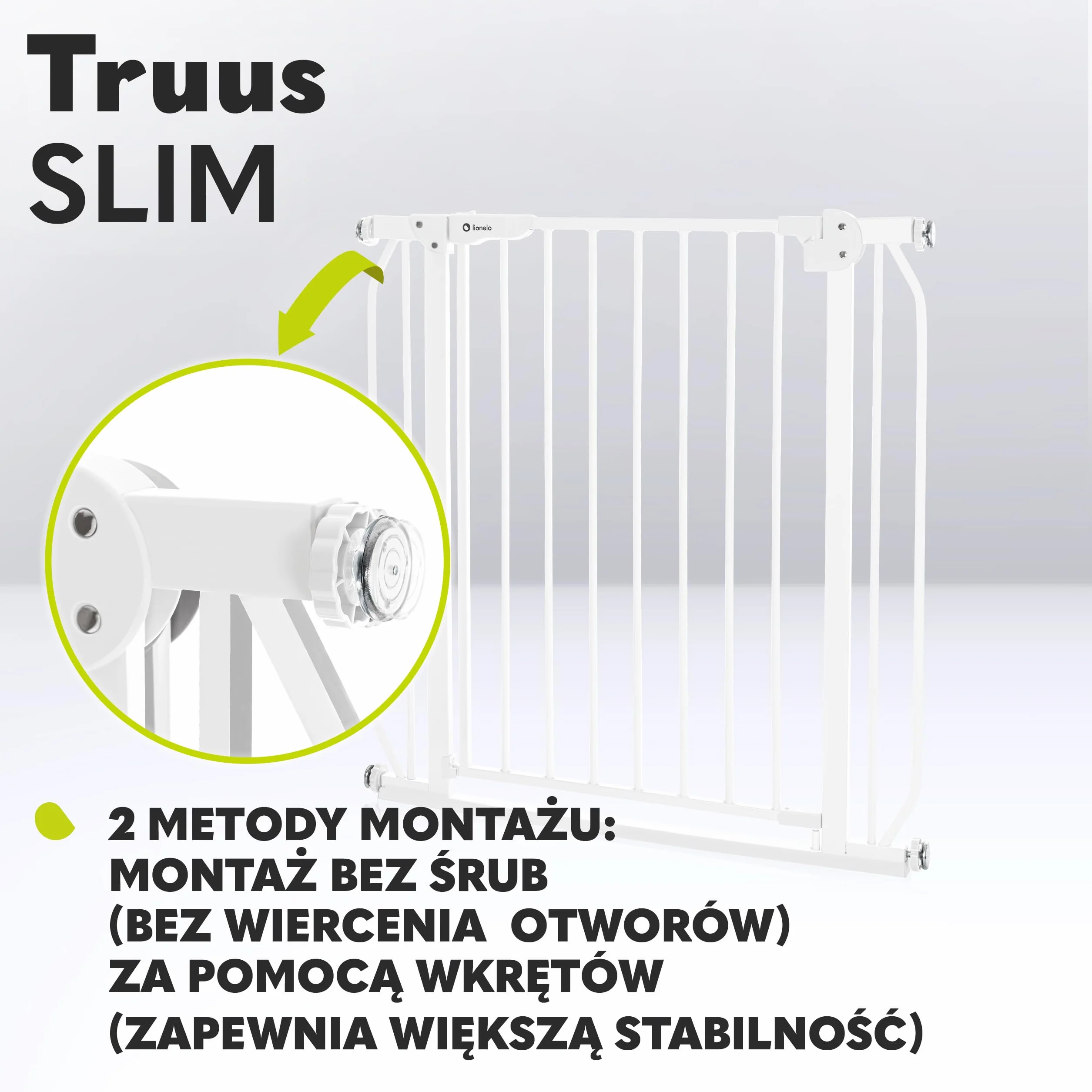 LIONELO Truus Slim kratka ochronna do drzwi dla niemowląt, do zaciskania 75-105 cm, biała, 5 kg, regulowana szerokość, silikonowe osłonki, funkcja AutoStop i samozatrzasku