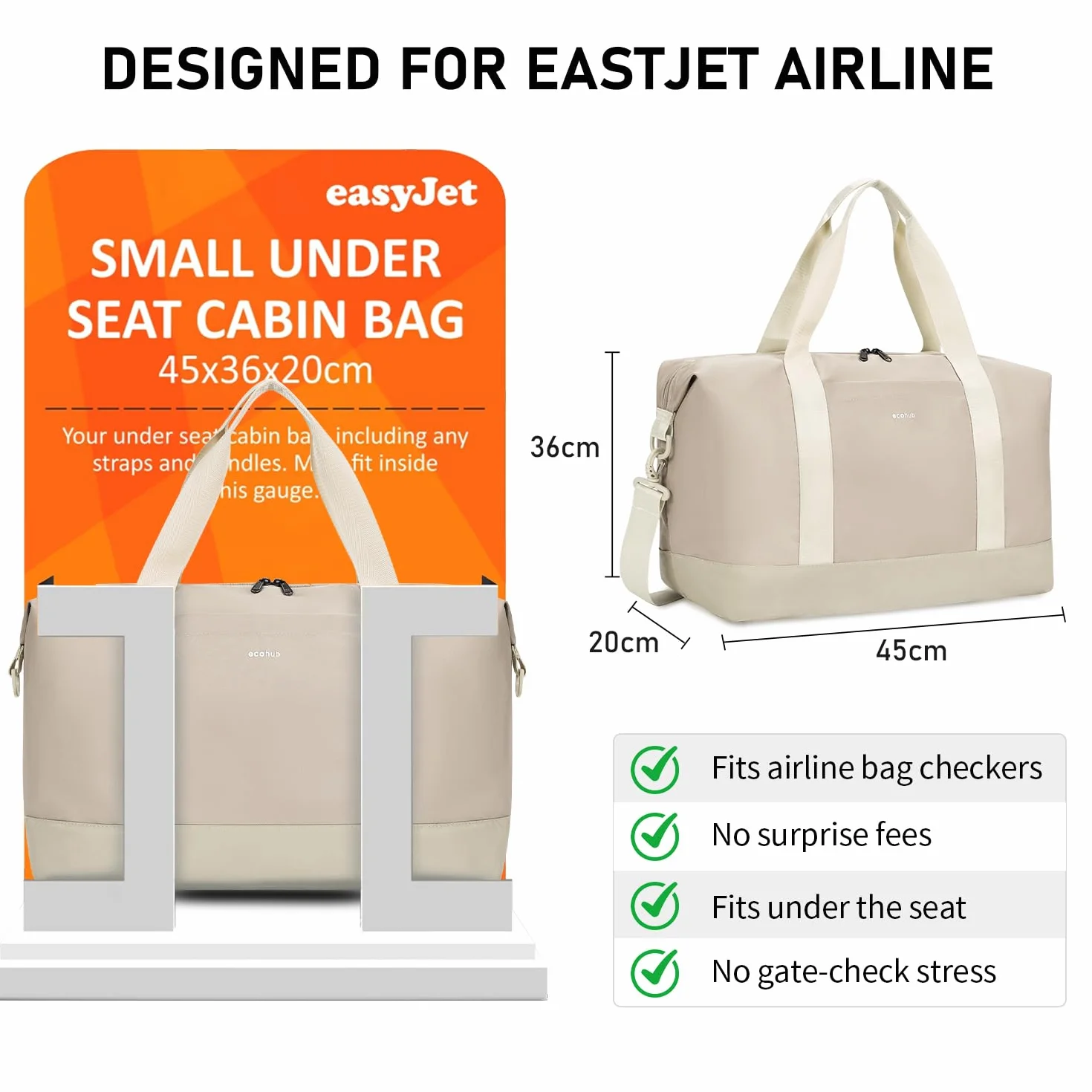 ECOHUB Easyjet Torba kabinowa 45x36x20, 30L Torba podróżna składana, z wyjmowaną kieszenią na mokre rzeczy, Wodoodporna Bagaż podręcznyTorba weekendowa szpitalna damska, Patent zgłoszony(Beżowy)
