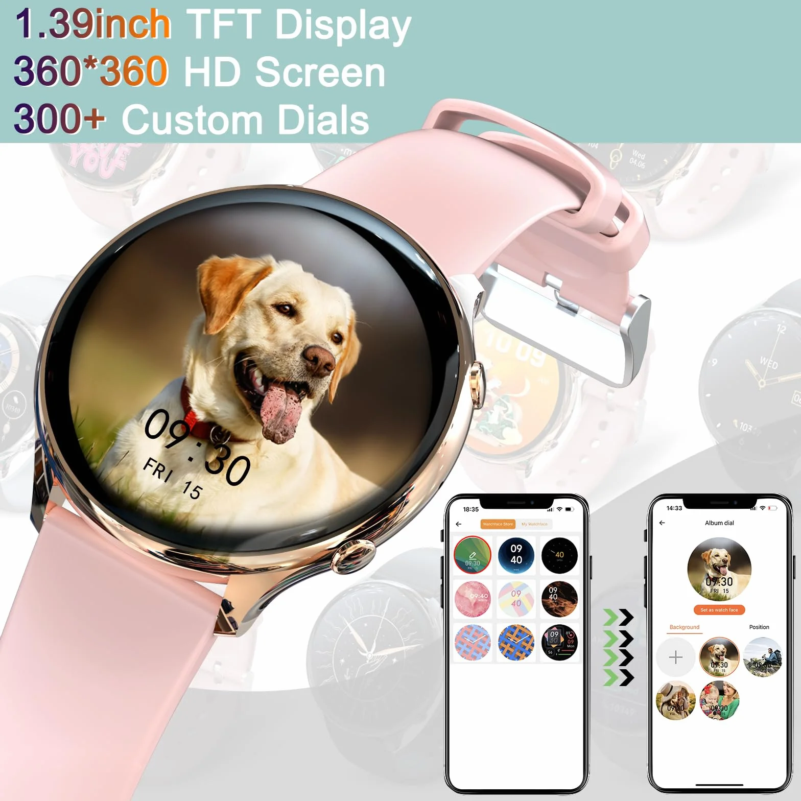 Zegarek damski Smartwatch, 1,39" fitness z połączeniami i WhatsApp, 120 sportowy, asystent głosowy, powiadomienia o wiadomościach, krokomierz, okrągły monitor zdrowia dla systemu Android iOS (różowy)
