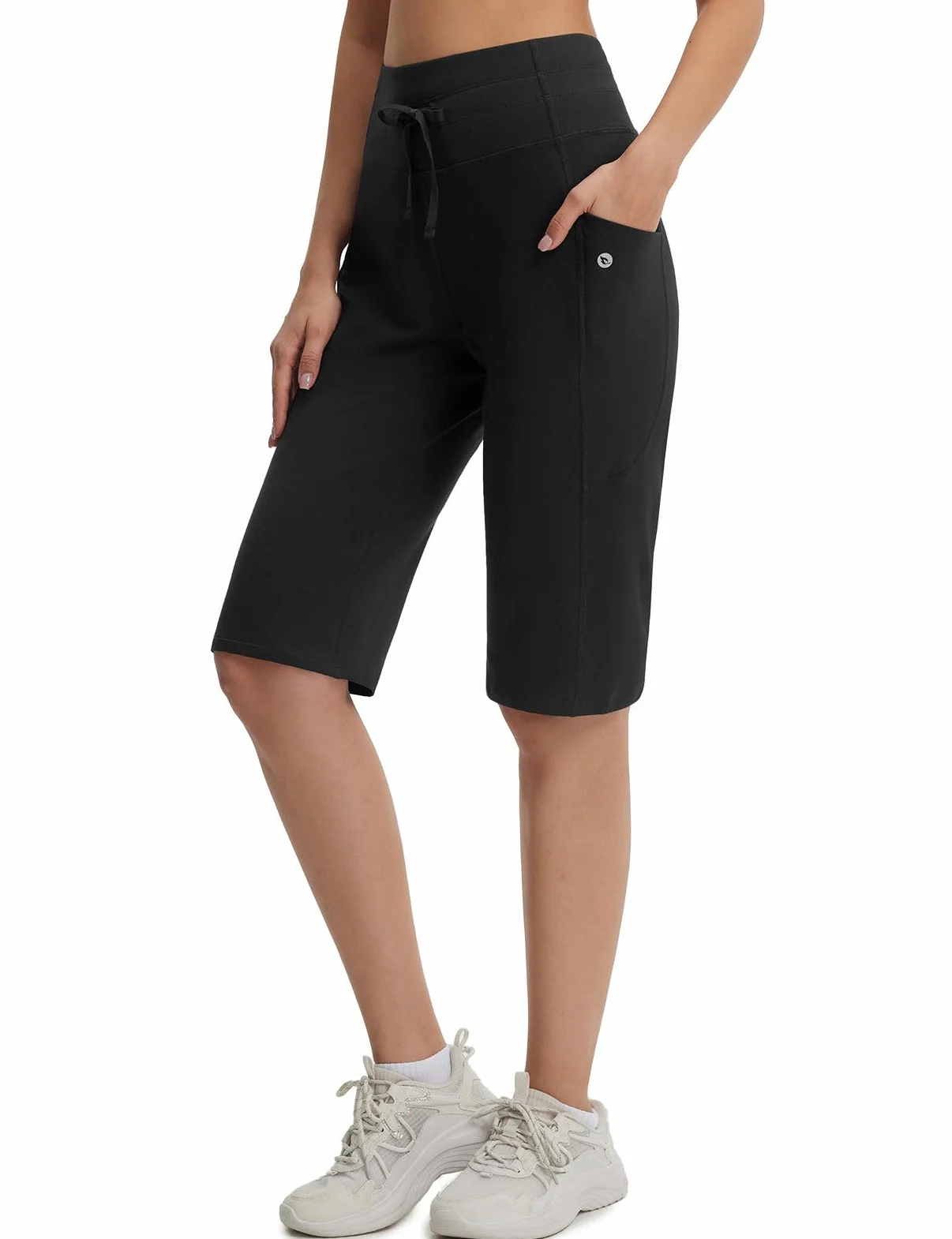 baleaf Damskie bawełniane bermudy z kieszeniami, letnie spodnie 35 cm, długość do kolan, spodnie do jogi, wysoka talia, rekreacyjne, odzież sportowa, czarne, rozmiar M