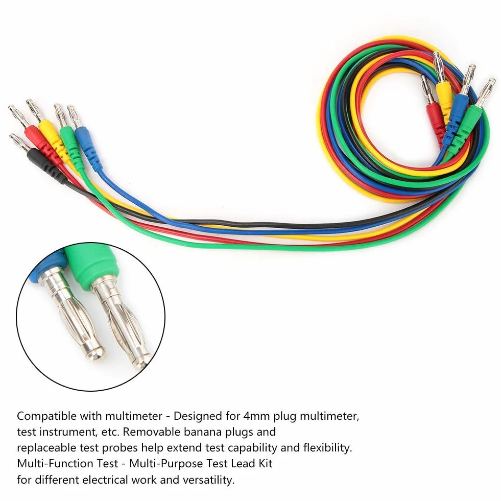 5 Sztuk Multimetr Przewód Testowy Przewód Bananowy Przewody Sondy P1043 4mm Kolorowe Plastikowe Wtyk Bananowy Linia Testowa z Męskiego na Męskie Formowana Wtryskowo Izolacja Chroń dla Multimetru