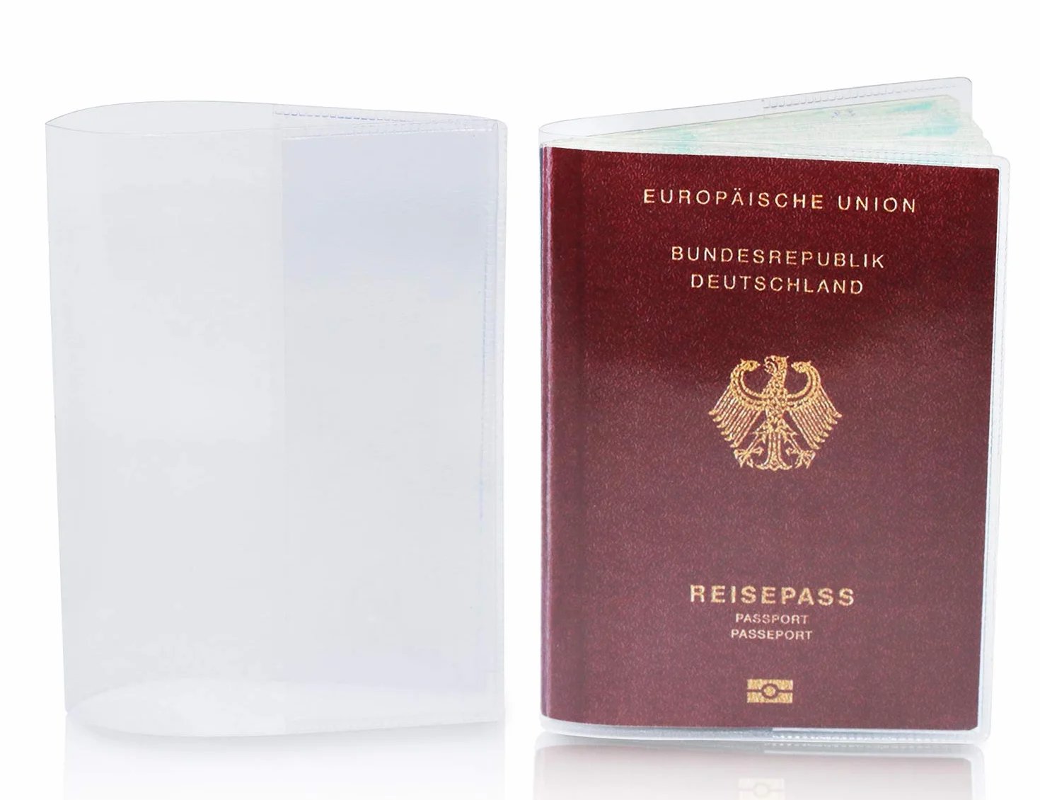 2 x etui na paszport na nowy paszport (od kwietnia 2017), odporne na dokumenty i przezroczyste, w odpornym na rozdarcie etui ochronnym. Chroni paszport przed wodą, kurzem i brudem. Dwa etui na