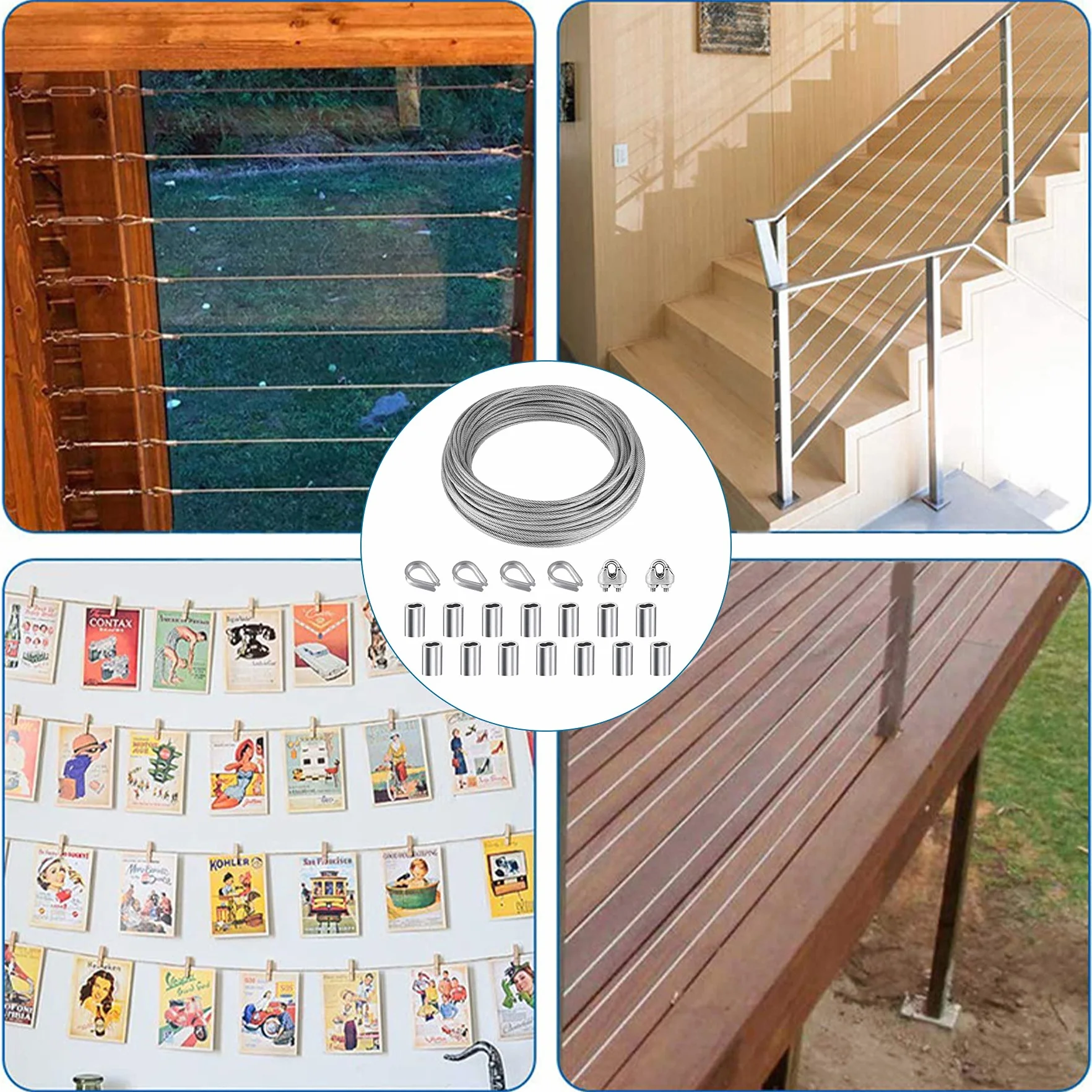 YSDMY Lina stalowa Stal nierdzewna 10 m Lina stalowa Drut ogrodowy 2 mm powlekany PVC | Zacisk linowy Zacisk linowy M2 | Kausze do lin stalowych 2 mm | Tuleje aluminiowe zacisk aluminiowy 2mm