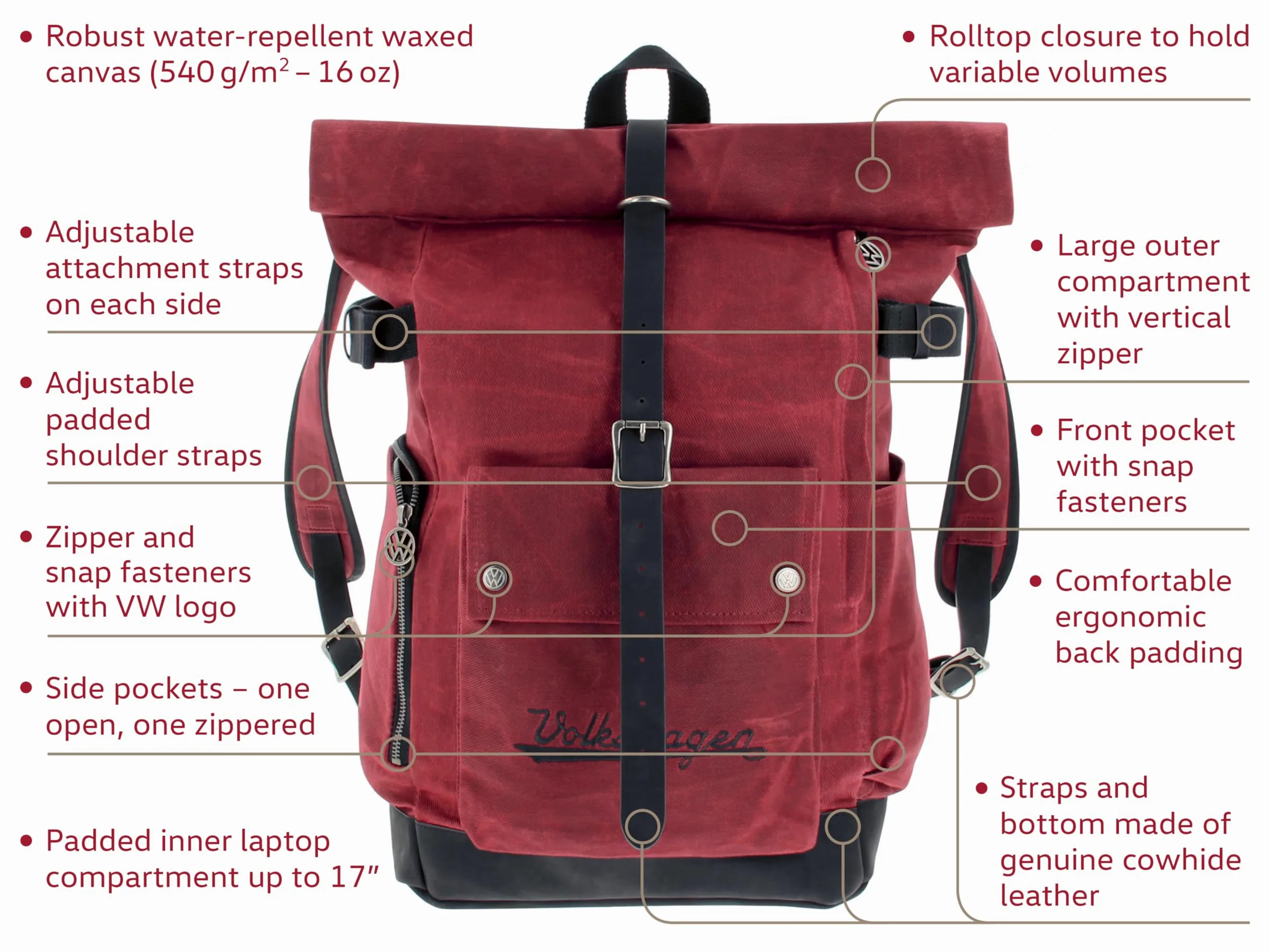BRISA VW Collection – Rolltop Outdoor plecak podróżny, turystyczny, dla mężczyzn i kobiet, czerwony, 50 x 29 x 19 cm, vintage