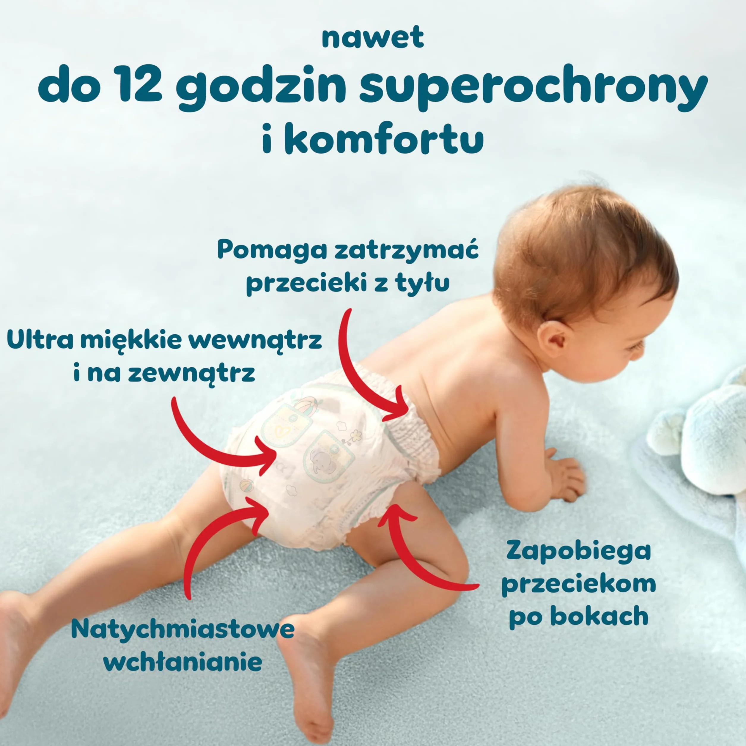 Pampers Premium Care Pieluchomajtki Rozmiar 5, 80 szt., 11kg-17kg, pełne dopasowanie 360° i miękkie osłonki wokół nogawek zapewniają największy komfort i najlepszą ochronę