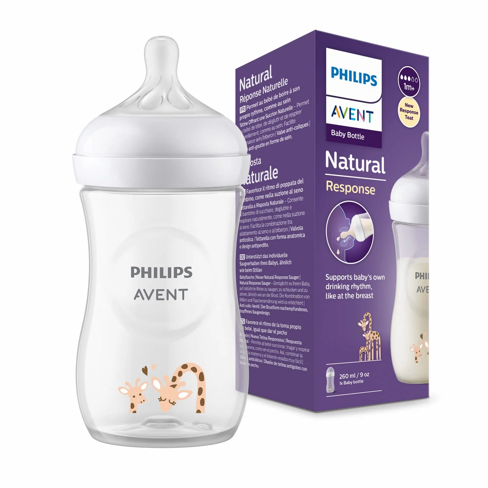 Philips Avent butelka Natural z Responsywnym smoczkiem 260ml decor żyrafa, 1 szt. (model SCY903/66)